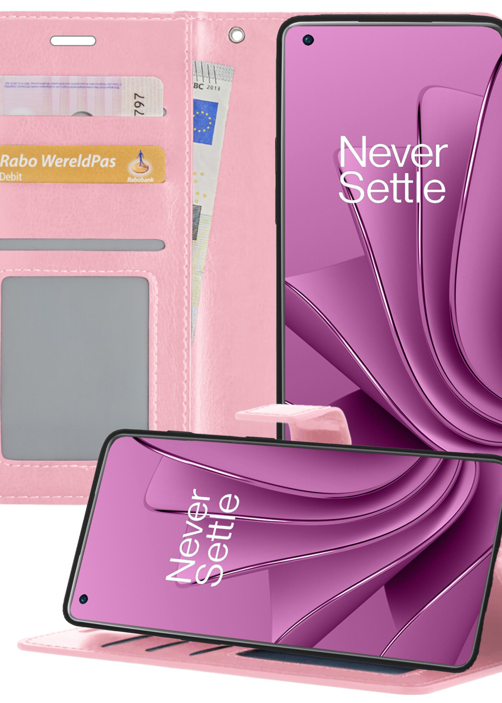 LUQ Hoesje Geschikt voor OnePlus 10 Pro Hoesje Book Case Hoes Wallet Cover - Hoes Geschikt voor OnePlus 10 Pro Hoesje Bookcase Hoes - Lichtroze