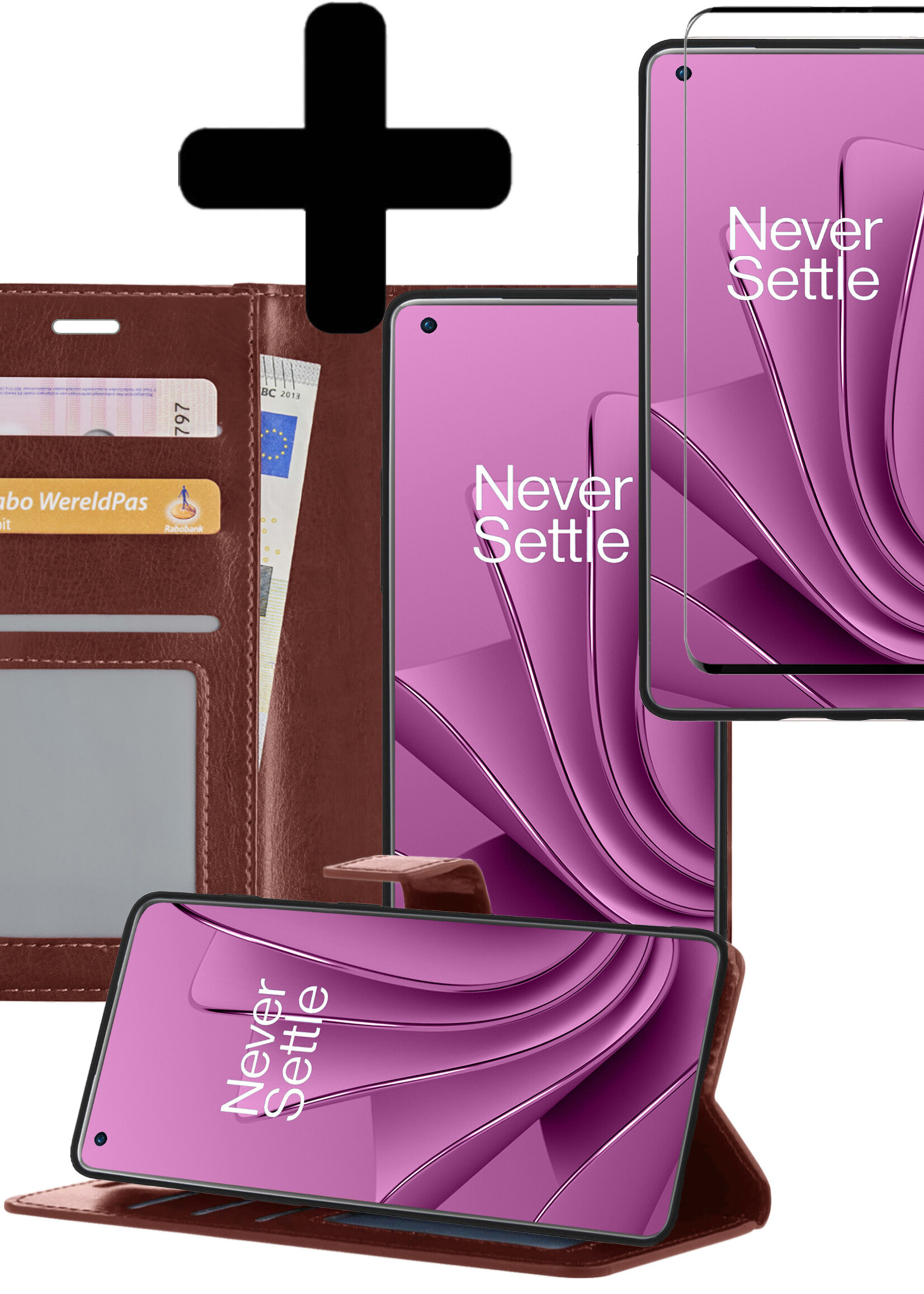 LUQ Hoesje Geschikt voor OnePlus 10 Pro Hoesje Book Case Hoes Wallet Cover Met Screenprotector - Hoes Geschikt voor OnePlus 10 Pro Hoesje Bookcase Hoes - Bruin