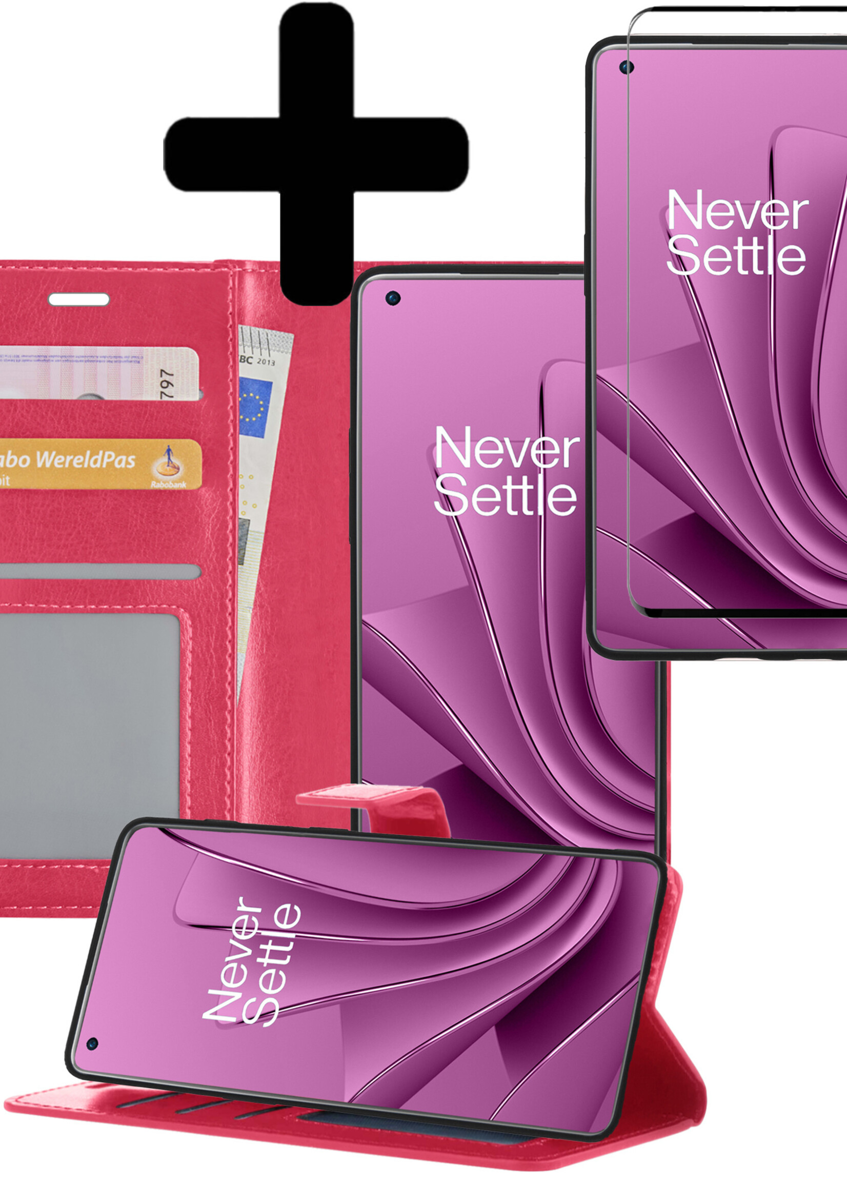 LUQ Hoesje Geschikt voor OnePlus 10 Pro Hoesje Book Case Hoes Wallet Cover Met Screenprotector - Hoes Geschikt voor OnePlus 10 Pro Hoesje Bookcase Hoes - Donkerroze