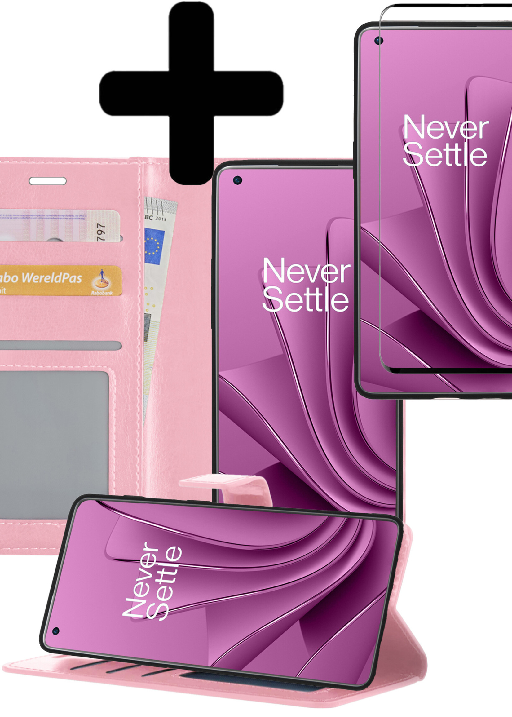 LUQ Hoesje Geschikt voor OnePlus 10 Pro Hoesje Book Case Hoes Wallet Cover Met Screenprotector - Hoes Geschikt voor OnePlus 10 Pro Hoesje Bookcase Hoes - Lichtroze