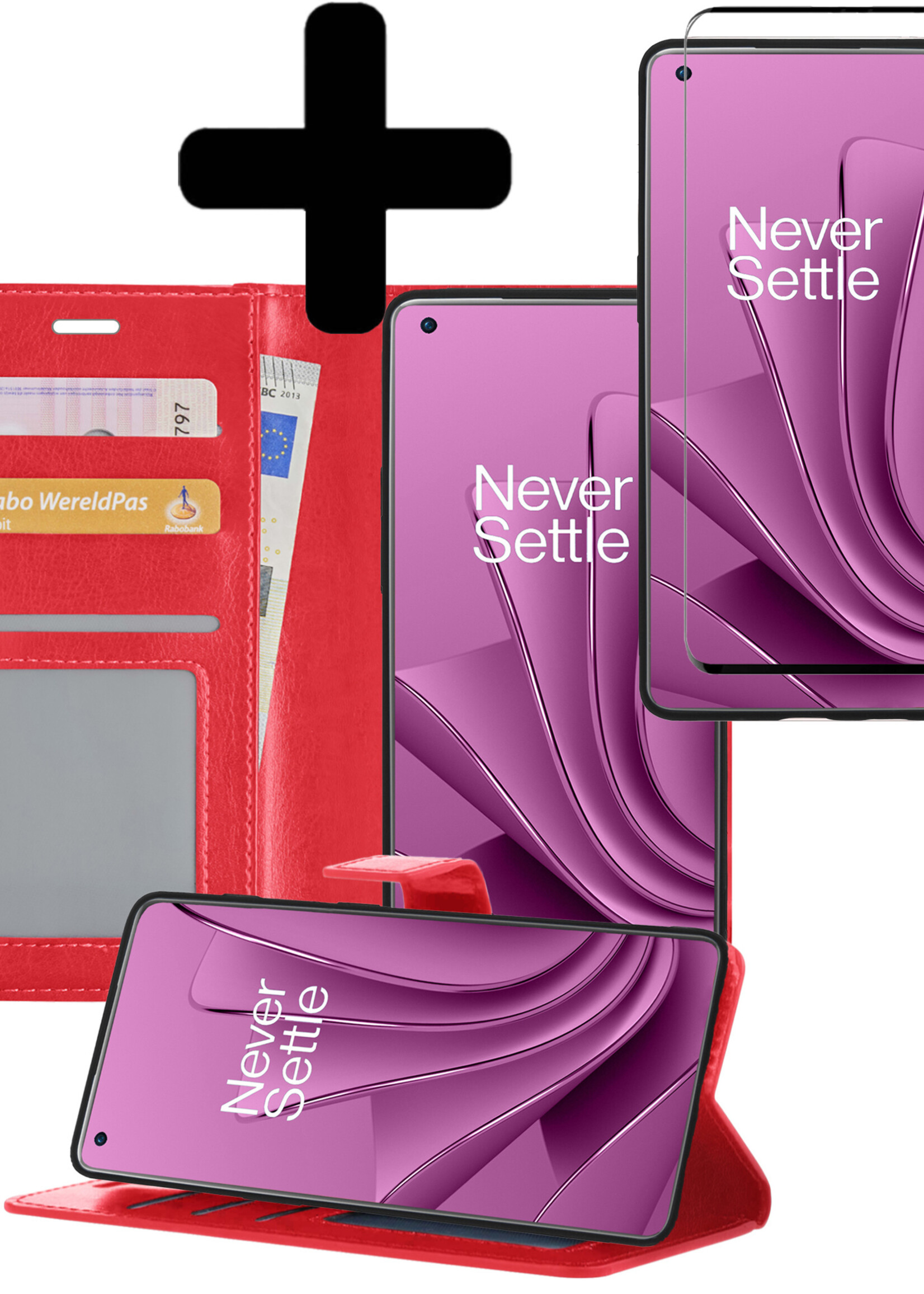 LUQ Hoesje Geschikt voor OnePlus 10 Pro Hoesje Book Case Hoes Wallet Cover Met Screenprotector - Hoes Geschikt voor OnePlus 10 Pro Hoesje Bookcase Hoes - Rood