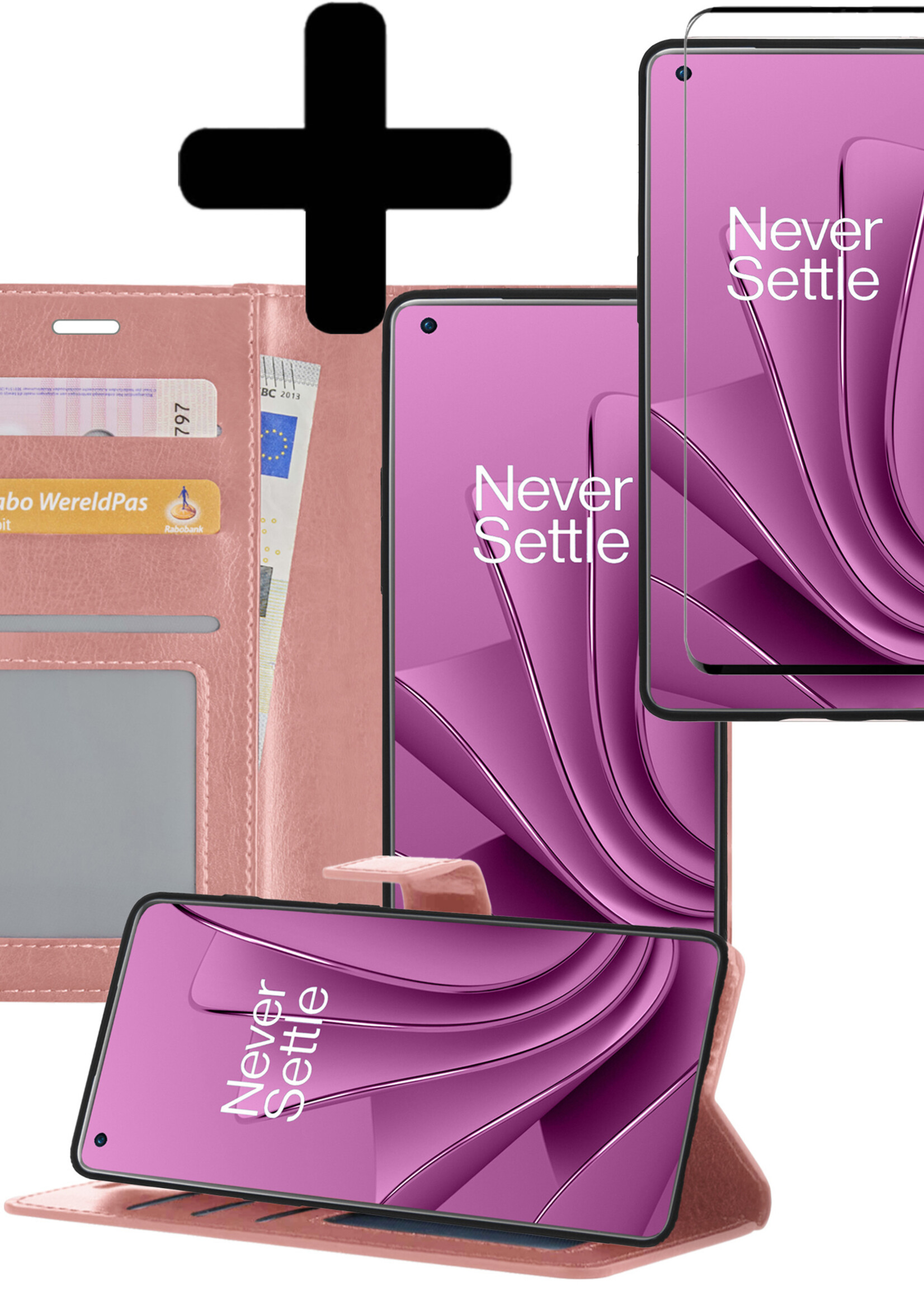 LUQ Hoesje Geschikt voor OnePlus 10 Pro Hoesje Book Case Hoes Wallet Cover Met Screenprotector - Hoes Geschikt voor OnePlus 10 Pro Hoesje Bookcase Hoes - Rosé goud