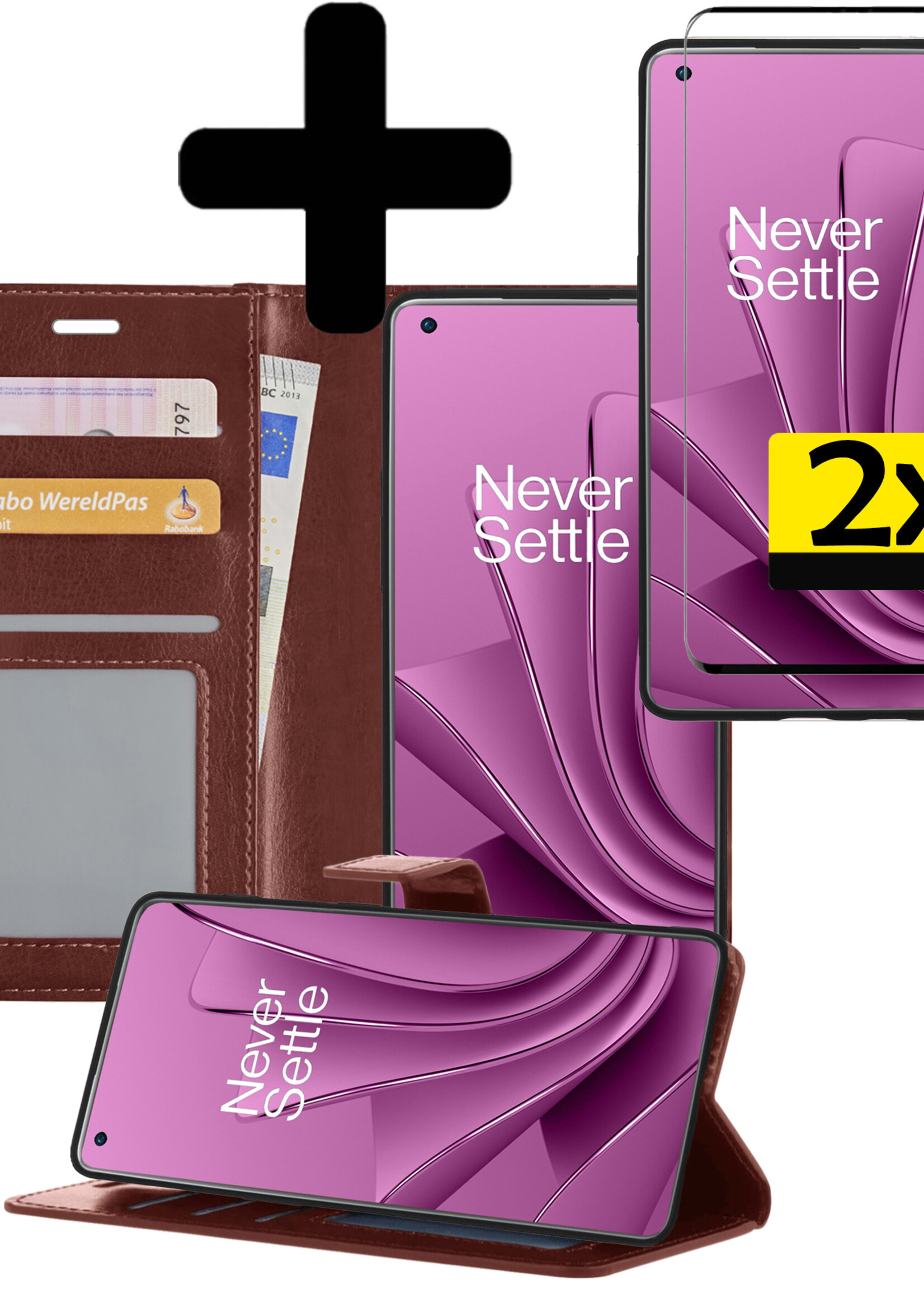 LUQ Hoesje Geschikt voor OnePlus 10 Pro Hoesje Book Case Hoes Wallet Cover Met 2x Screenprotector - Hoes Geschikt voor OnePlus 10 Pro Hoesje Bookcase Hoes - Bruin