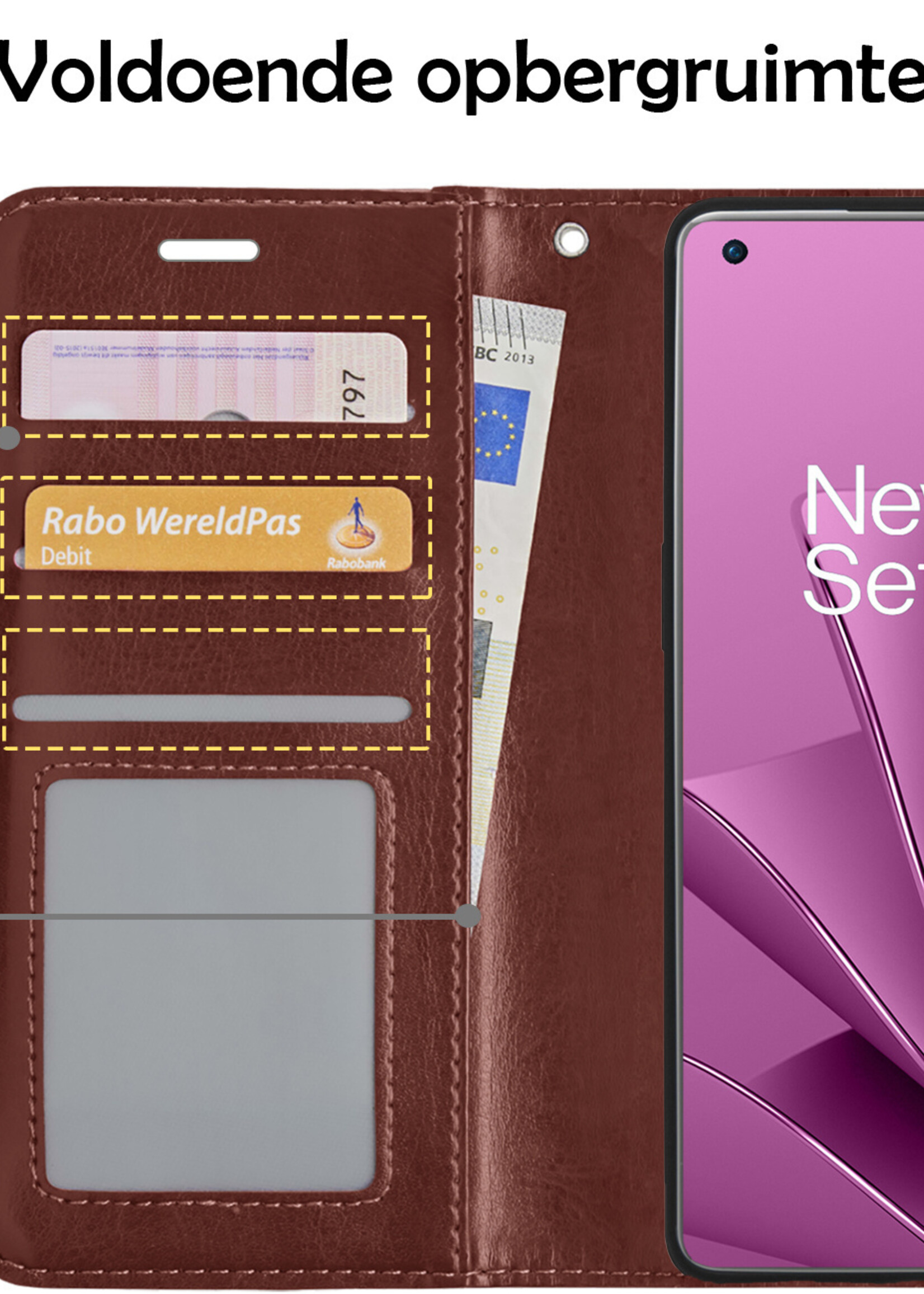 LUQ Hoesje Geschikt voor OnePlus 10 Pro Hoesje Book Case Hoes Wallet Cover Met 2x Screenprotector - Hoes Geschikt voor OnePlus 10 Pro Hoesje Bookcase Hoes - Bruin
