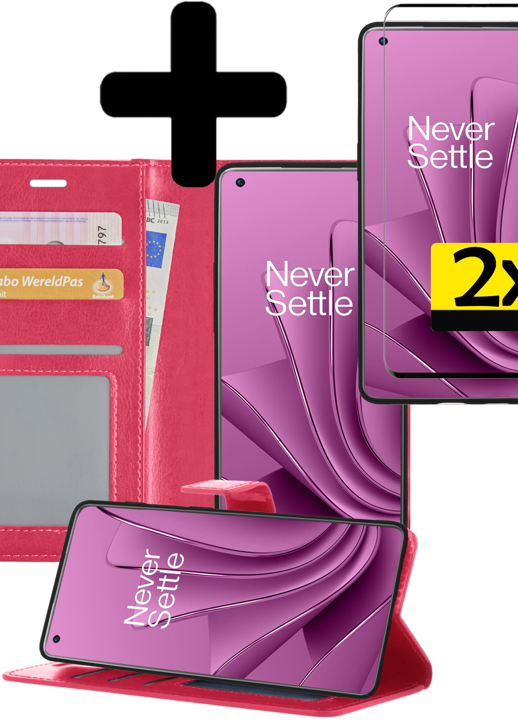 LUQ Hoesje Geschikt voor OnePlus 10 Pro Hoesje Book Case Hoes Wallet Cover Met 2x Screenprotector - Hoes Geschikt voor OnePlus 10 Pro Hoesje Bookcase Hoes - Donkerroze