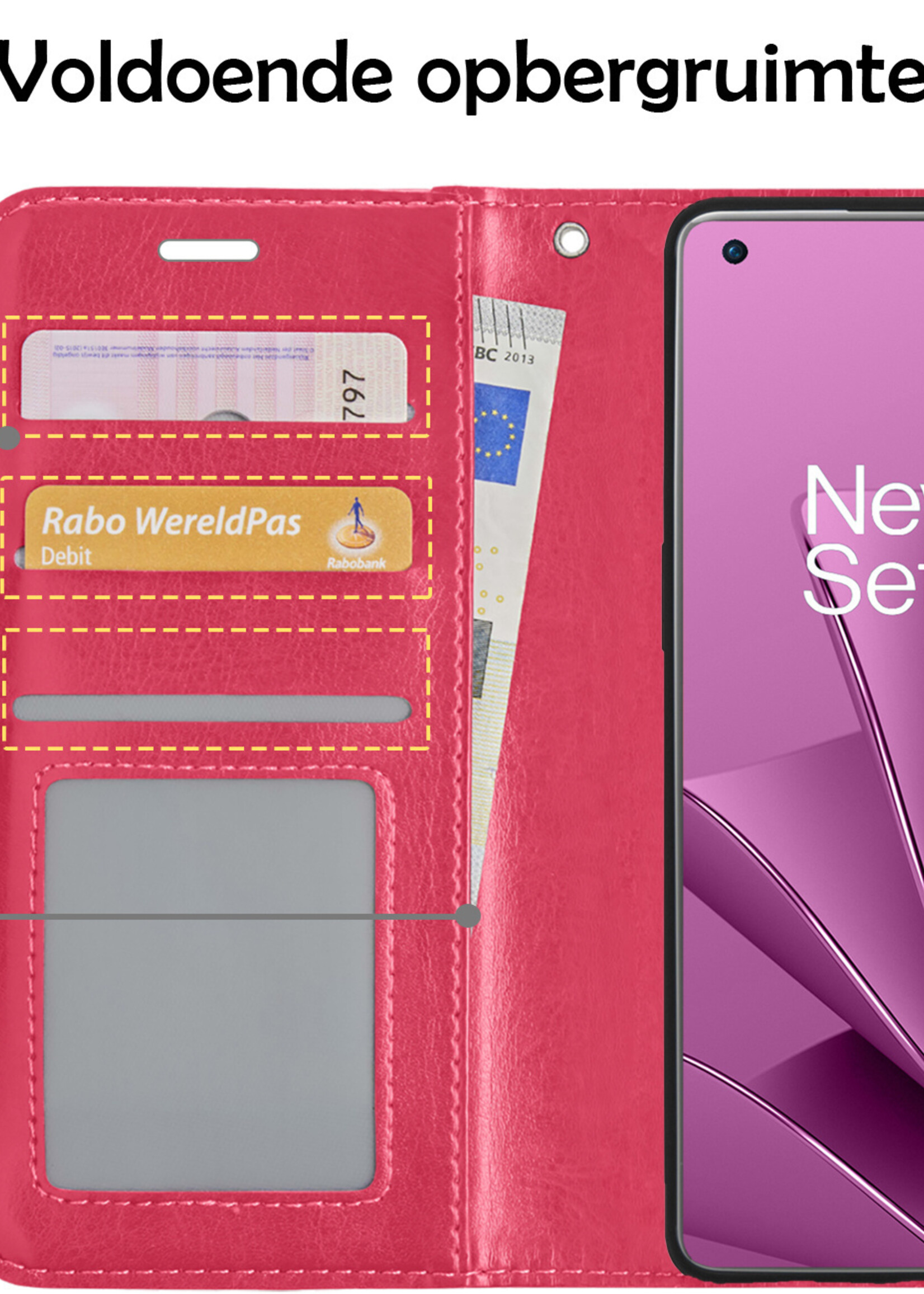 Hoesje Geschikt voor OnePlus 10 Pro Hoesje Book Case Hoes Wallet Cover Met 2x Screenprotector - Hoes Geschikt voor OnePlus 10 Pro Hoesje Bookcase Hoes - Donkerroze