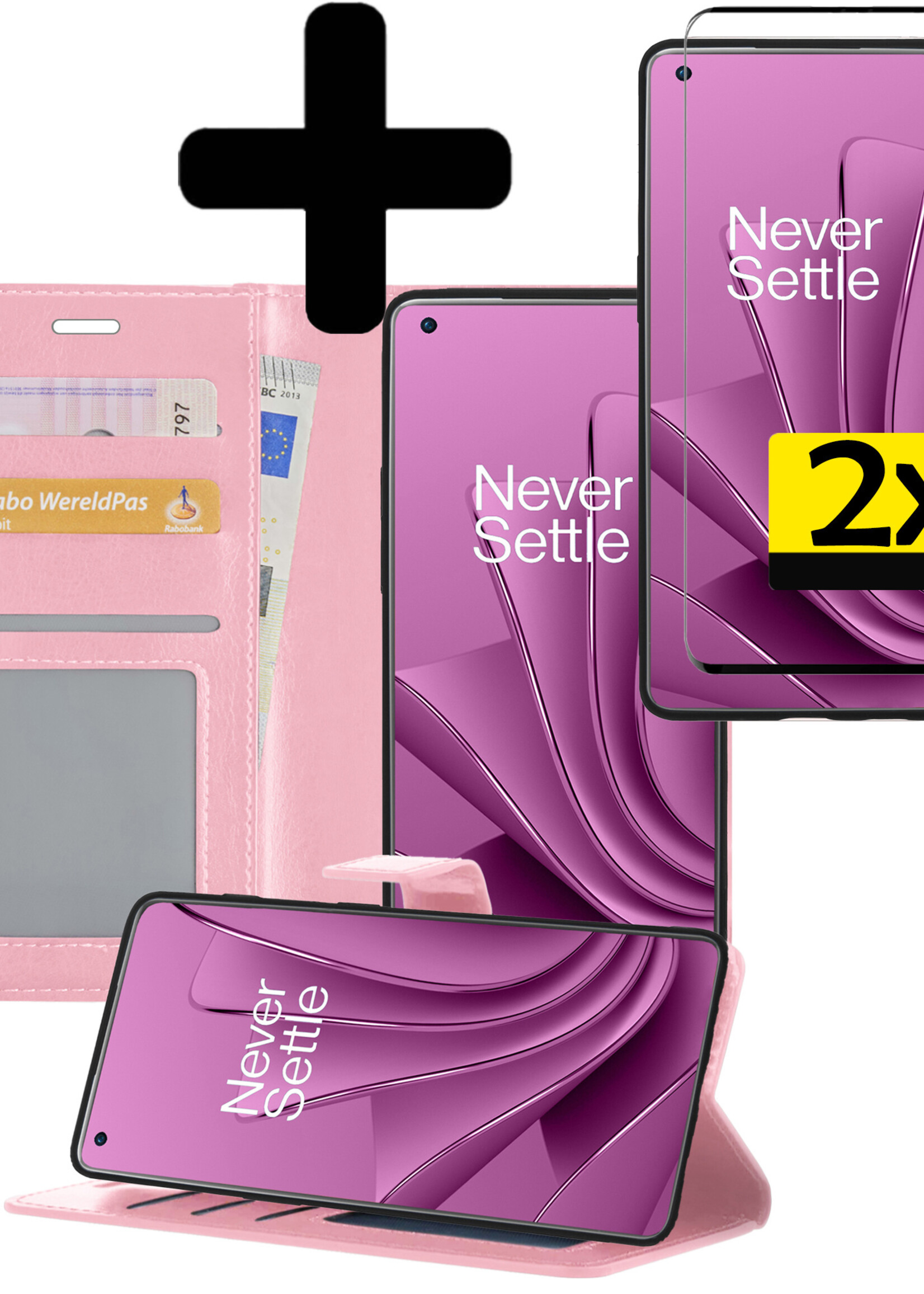 LUQ Hoesje Geschikt voor OnePlus 10 Pro Hoesje Book Case Hoes Wallet Cover Met 2x Screenprotector - Hoes Geschikt voor OnePlus 10 Pro Hoesje Bookcase Hoes - Lichtroze
