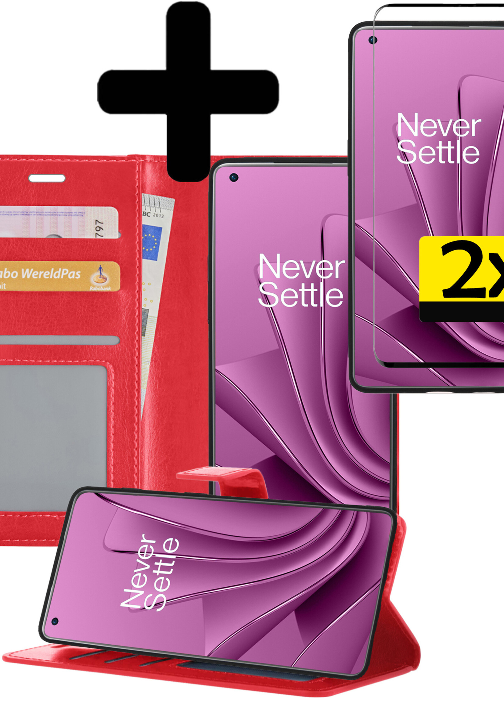 LUQ Hoesje Geschikt voor OnePlus 10 Pro Hoesje Book Case Hoes Wallet Cover Met 2x Screenprotector - Hoes Geschikt voor OnePlus 10 Pro Hoesje Bookcase Hoes - Rood