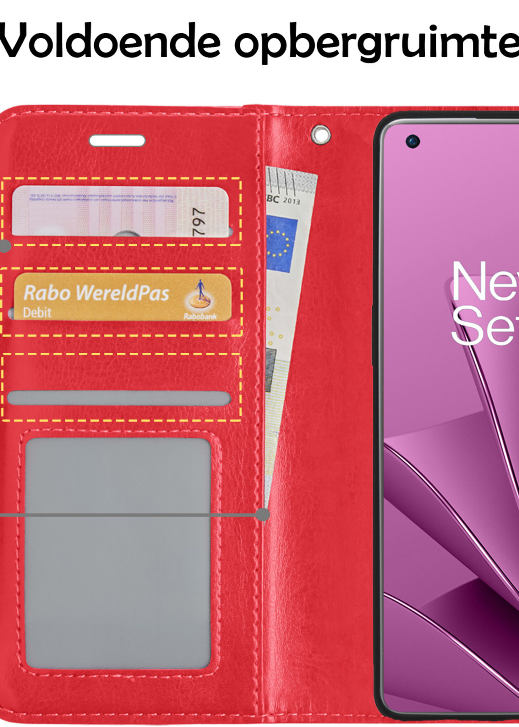 LUQ Hoesje Geschikt voor OnePlus 10 Pro Hoesje Book Case Hoes Wallet Cover Met 2x Screenprotector - Hoes Geschikt voor OnePlus 10 Pro Hoesje Bookcase Hoes - Rood
