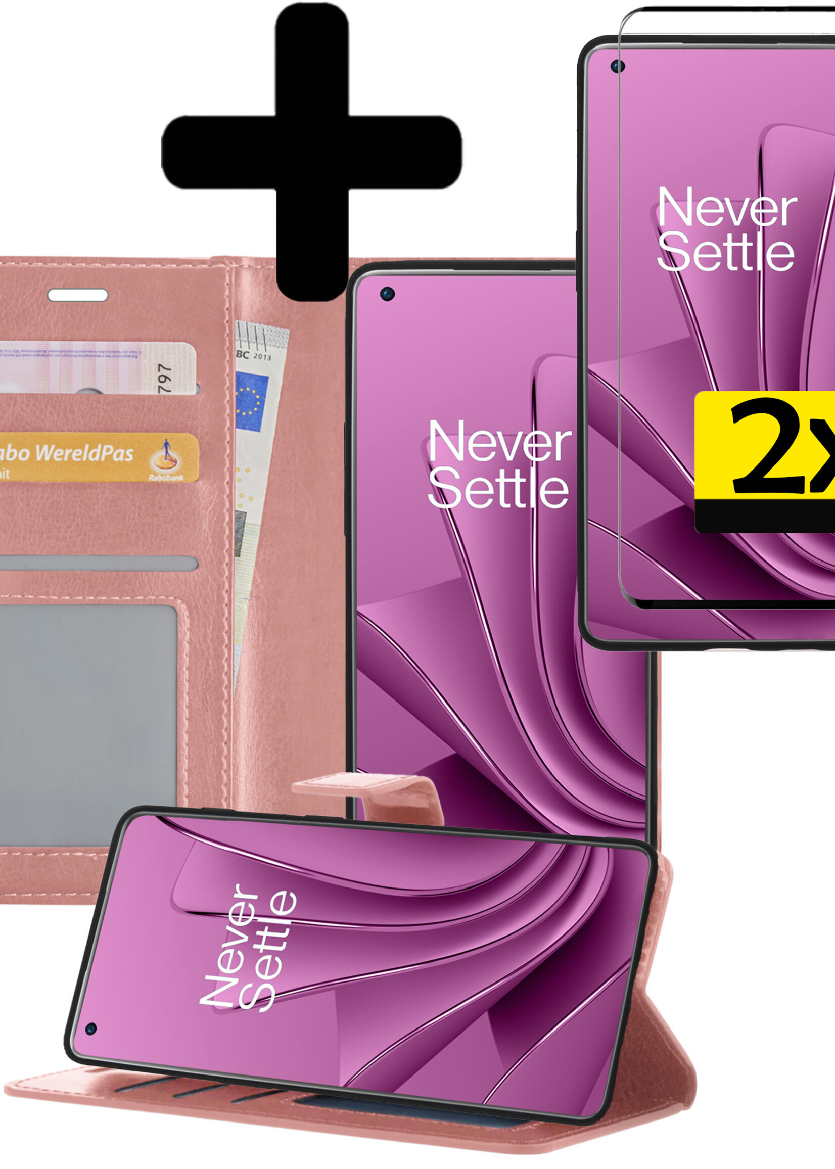 LUQ Hoesje Geschikt voor OnePlus 10 Pro Hoesje Book Case Hoes Wallet Cover Met 2x Screenprotector - Hoes Geschikt voor OnePlus 10 Pro Hoesje Bookcase Hoes - Rosé goud