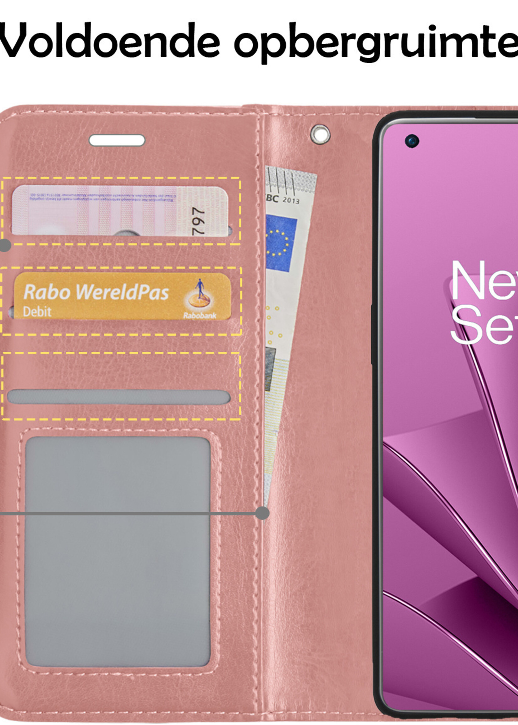 LUQ Hoesje Geschikt voor OnePlus 10 Pro Hoesje Book Case Hoes Wallet Cover Met 2x Screenprotector - Hoes Geschikt voor OnePlus 10 Pro Hoesje Bookcase Hoes - Rosé goud