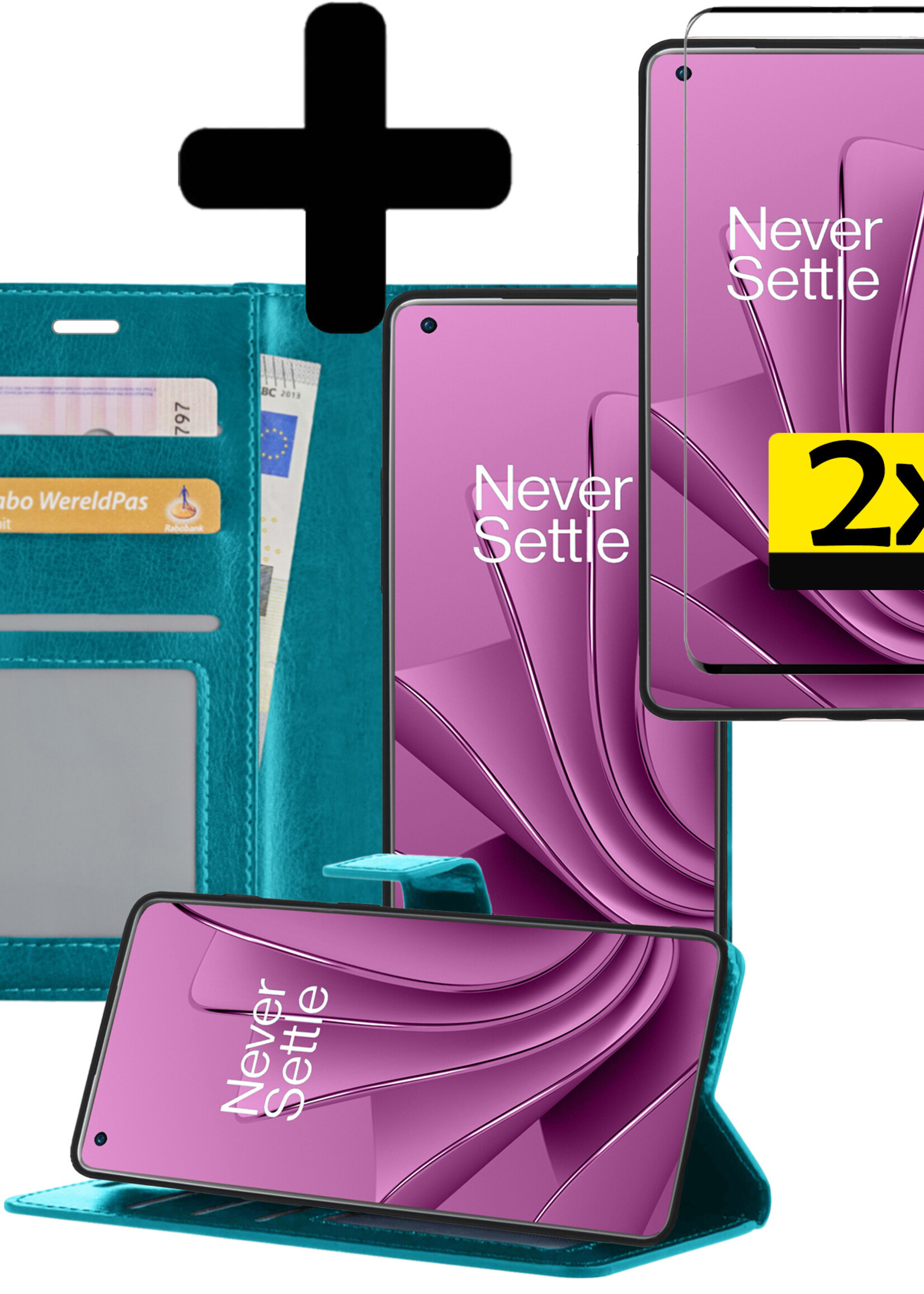 LUQ Hoesje Geschikt voor OnePlus 10 Pro Hoesje Book Case Hoes Wallet Cover Met 2x Screenprotector - Hoes Geschikt voor OnePlus 10 Pro Hoesje Bookcase Hoes - Turquoise