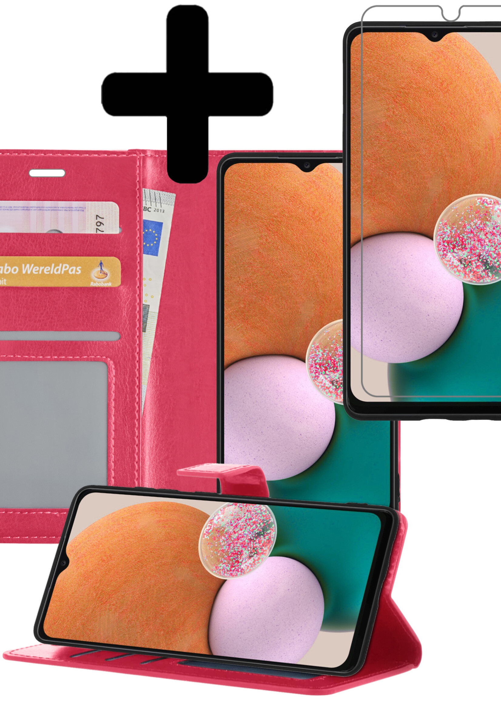 LUQ Hoesje Geschikt voor Samsung A13 5G Hoesje Book Case Hoes Wallet Cover Met Screenprotector - Hoes Geschikt voor Samsung Galaxy A13 5G Hoesje Bookcase Hoes - Donkerroze