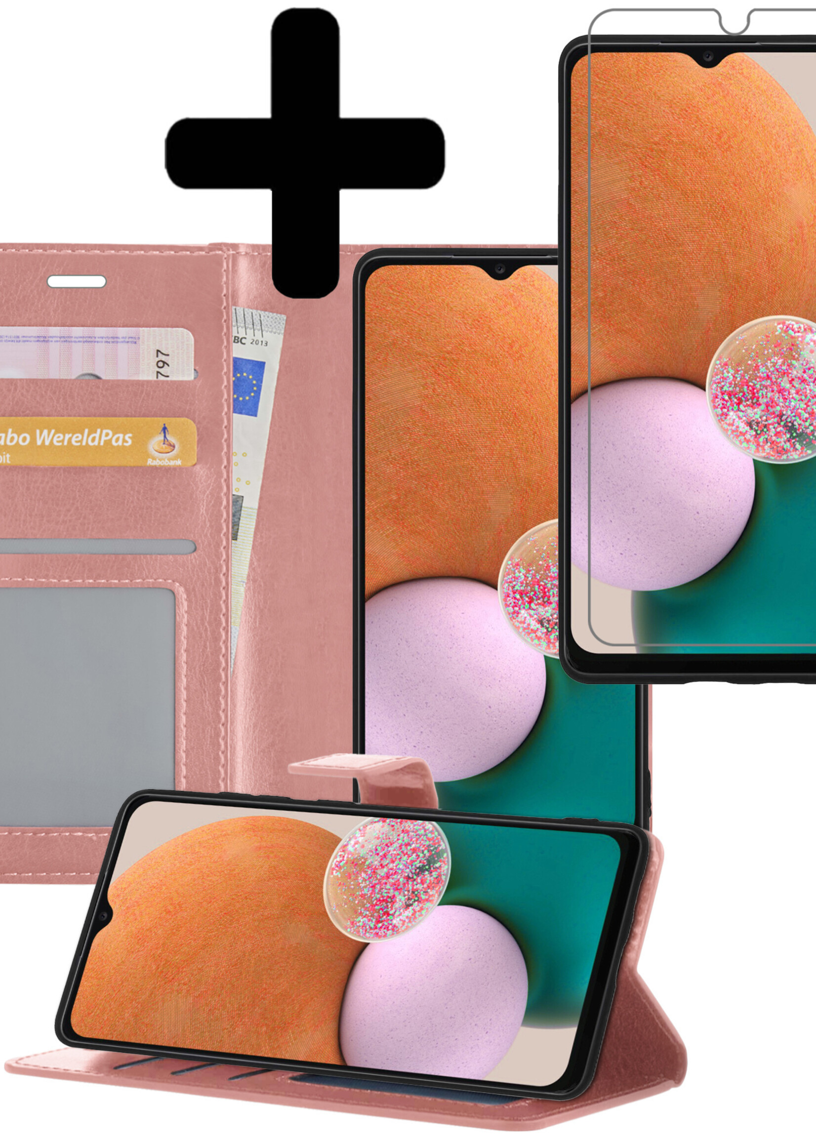 LUQ Hoesje Geschikt voor Samsung A13 5G Hoesje Book Case Hoes Wallet Cover Met Screenprotector - Hoes Geschikt voor Samsung Galaxy A13 5G Hoesje Bookcase Hoes - Rosé goud