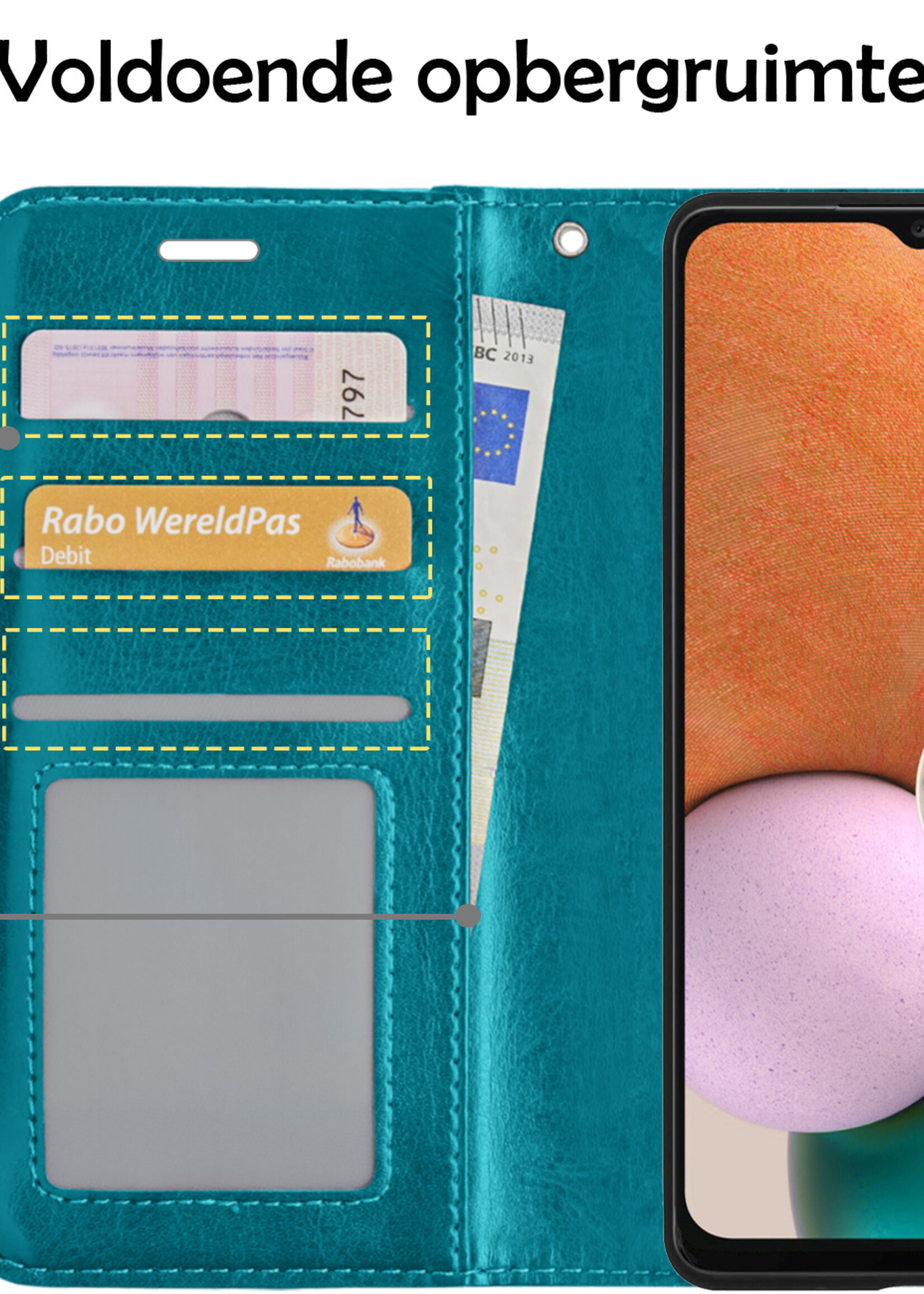 Hoesje Geschikt voor Samsung A13 5G Hoesje Book Case Hoes Wallet Cover Met Screenprotector - Hoes Geschikt voor Samsung Galaxy A13 5G Hoesje Bookcase Hoes - Turquoise