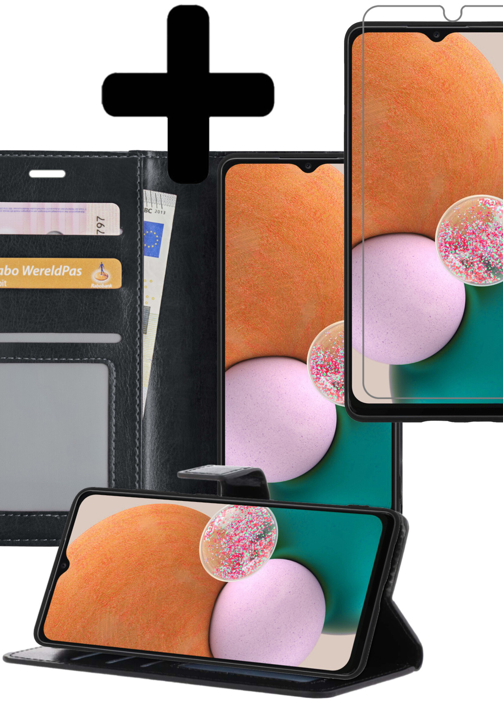 LUQ Hoesje Geschikt voor Samsung A13 5G Hoesje Book Case Hoes Wallet Cover Met Screenprotector - Hoes Geschikt voor Samsung Galaxy A13 5G Hoesje Bookcase Hoes - Zwart