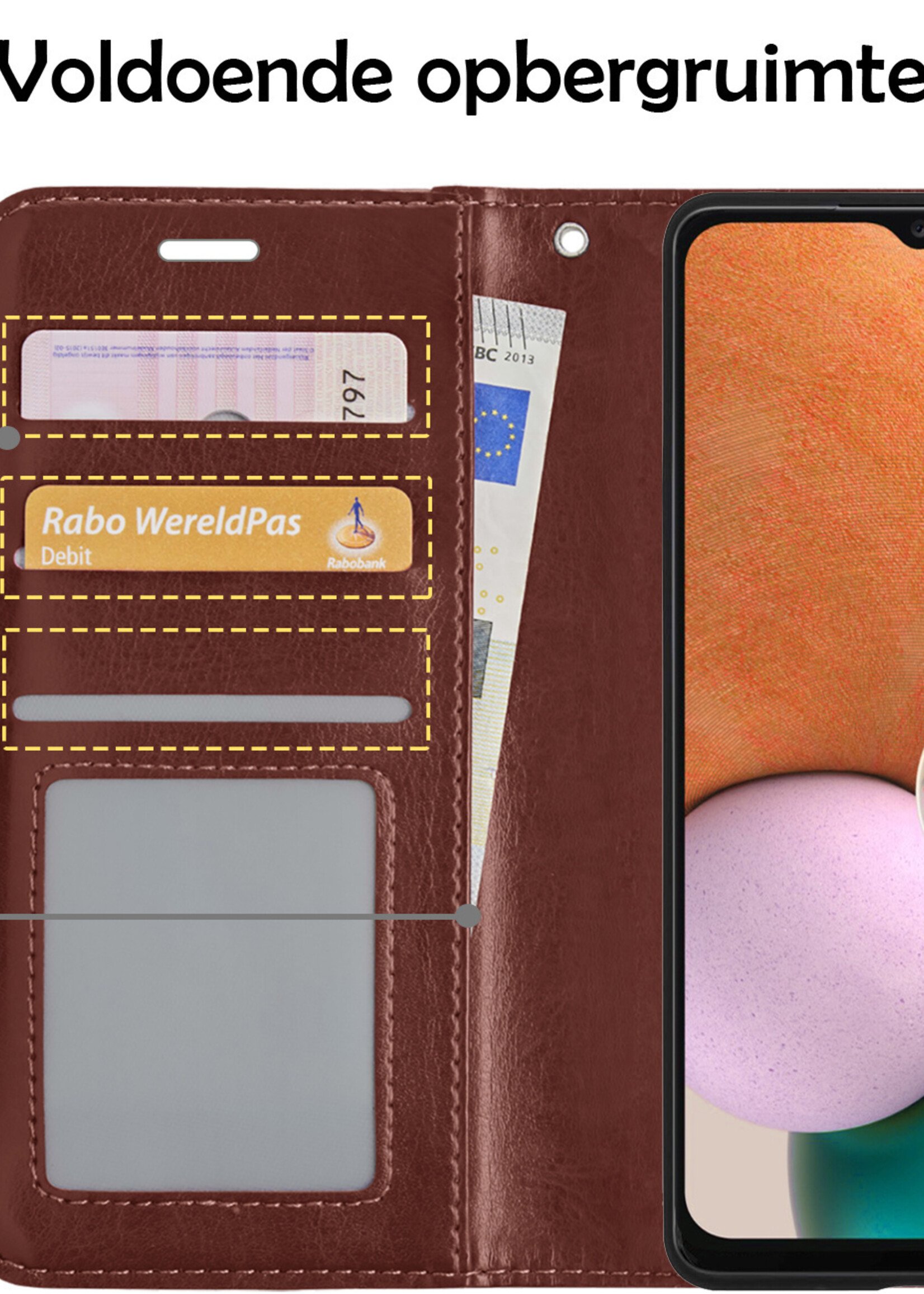 LUQ Hoesje Geschikt voor Samsung A13 5G Hoesje Book Case Hoes Wallet Cover Met 2x Screenprotector - Hoes Geschikt voor Samsung Galaxy A13 5G Hoesje Bookcase Hoes - Bruin