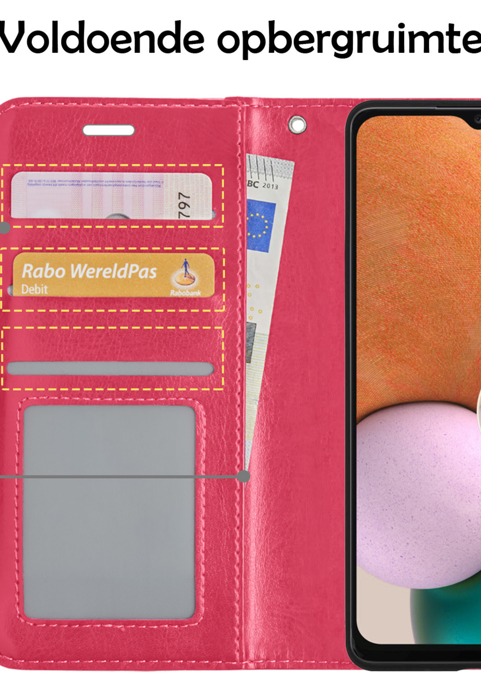 LUQ Hoesje Geschikt voor Samsung A13 5G Hoesje Book Case Hoes Wallet Cover Met 2x Screenprotector - Hoes Geschikt voor Samsung Galaxy A13 5G Hoesje Bookcase Hoes - Donkerroze