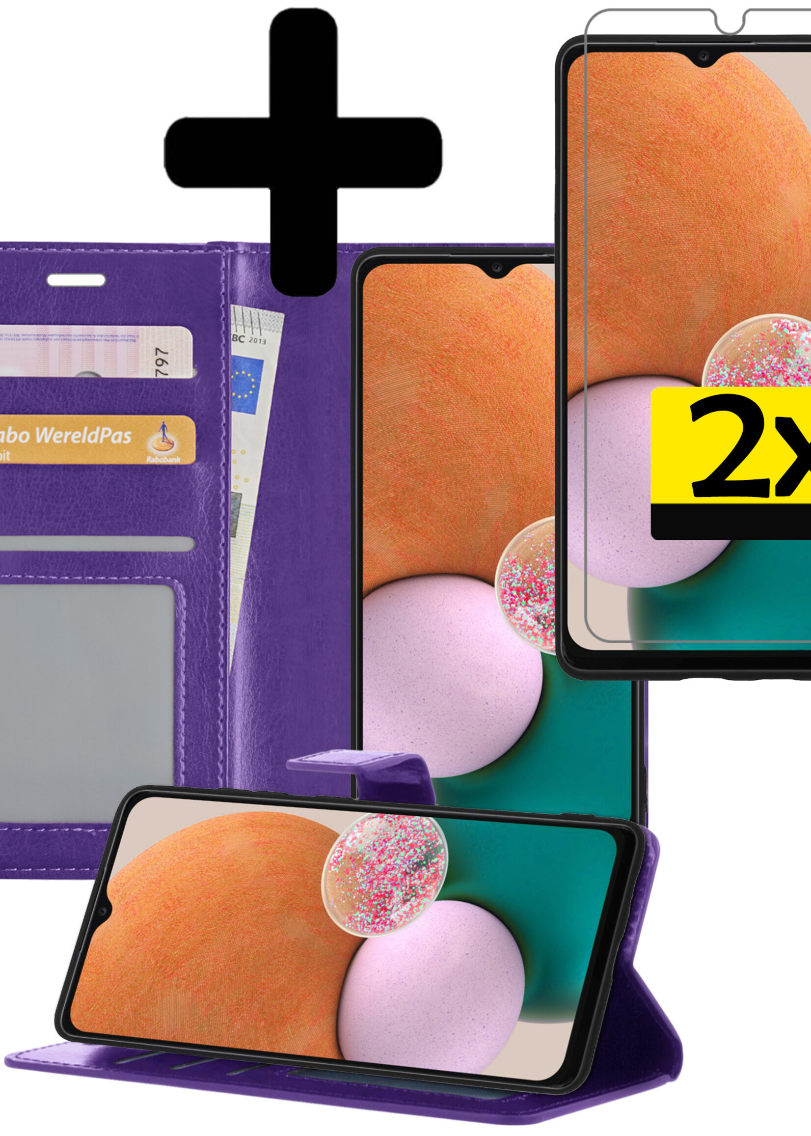 LUQ Hoesje Geschikt voor Samsung A13 5G Hoesje Book Case Hoes Wallet Cover Met 2x Screenprotector - Hoes Geschikt voor Samsung Galaxy A13 5G Hoesje Bookcase Hoes - Paars