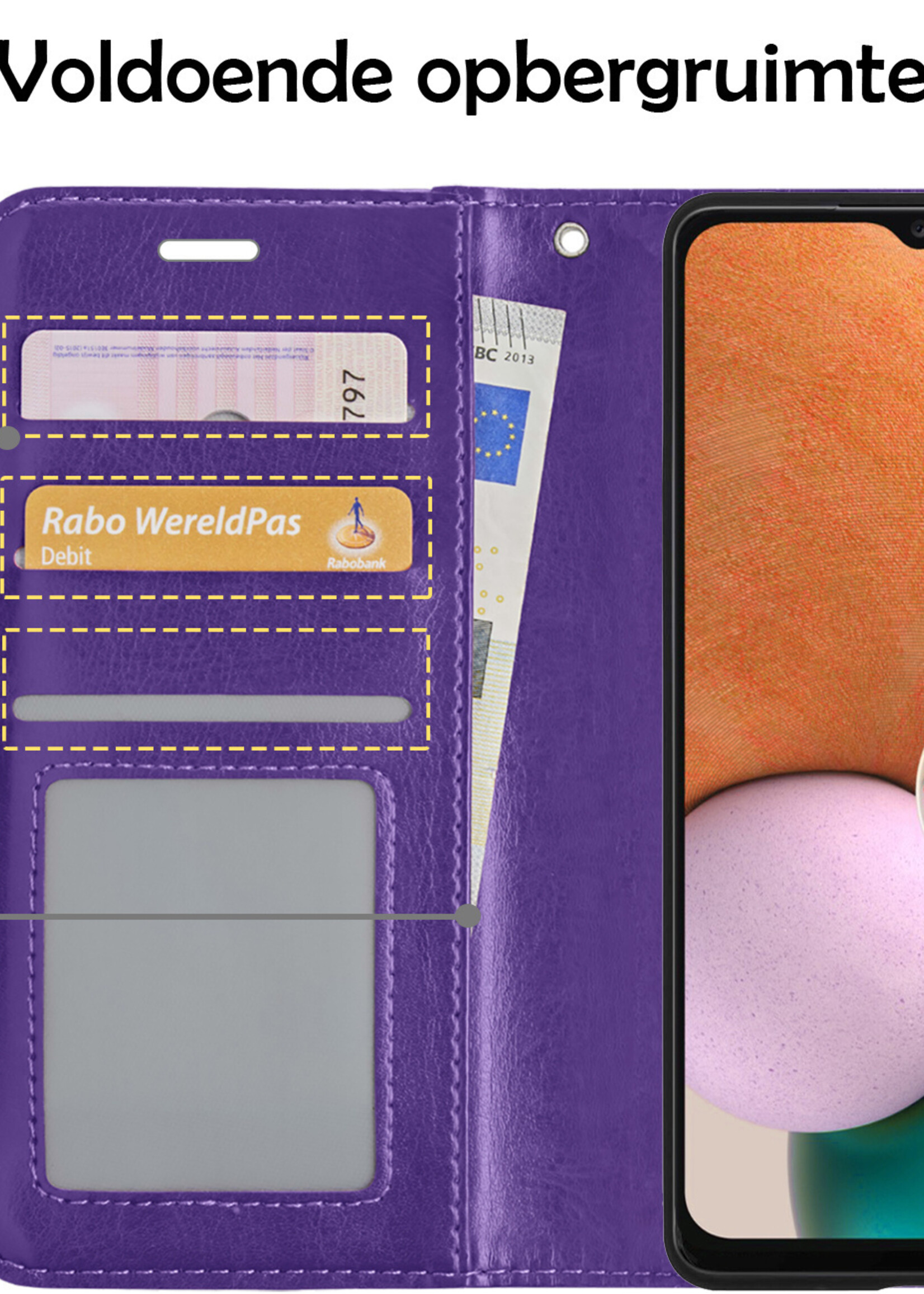 LUQ Hoesje Geschikt voor Samsung A13 5G Hoesje Book Case Hoes Wallet Cover Met 2x Screenprotector - Hoes Geschikt voor Samsung Galaxy A13 5G Hoesje Bookcase Hoes - Paars