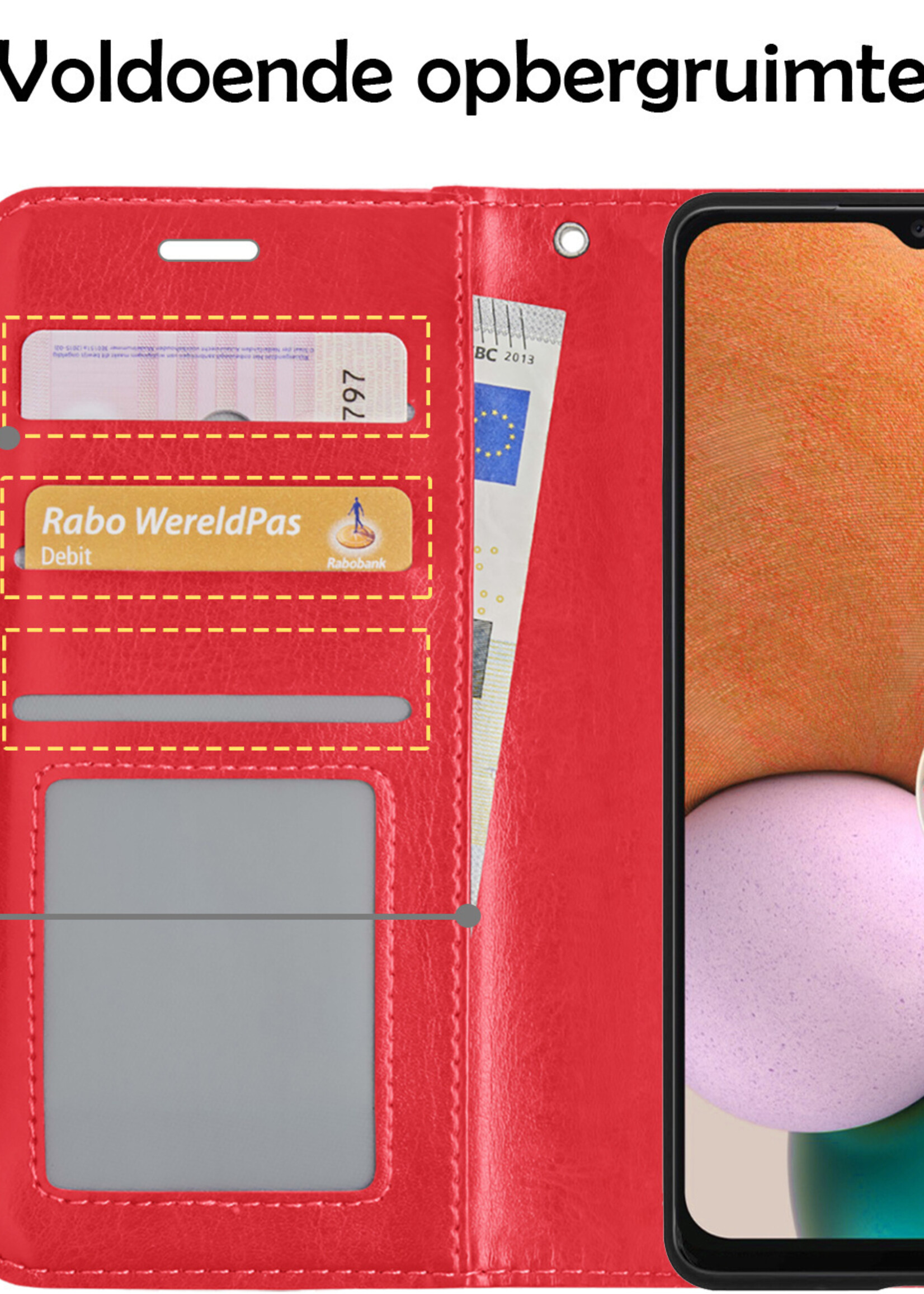 LUQ Hoesje Geschikt voor Samsung A13 5G Hoesje Book Case Hoes Wallet Cover Met 2x Screenprotector - Hoes Geschikt voor Samsung Galaxy A13 5G Hoesje Bookcase Hoes - Rood