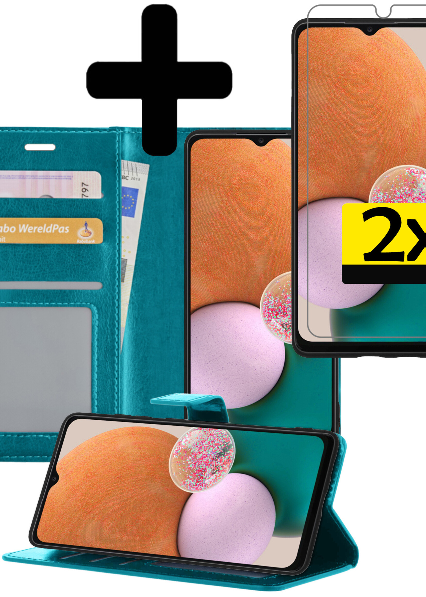 LUQ Hoesje Geschikt voor Samsung A13 5G Hoesje Book Case Hoes Wallet Cover Met 2x Screenprotector - Hoes Geschikt voor Samsung Galaxy A13 5G Hoesje Bookcase Hoes - Turquoise