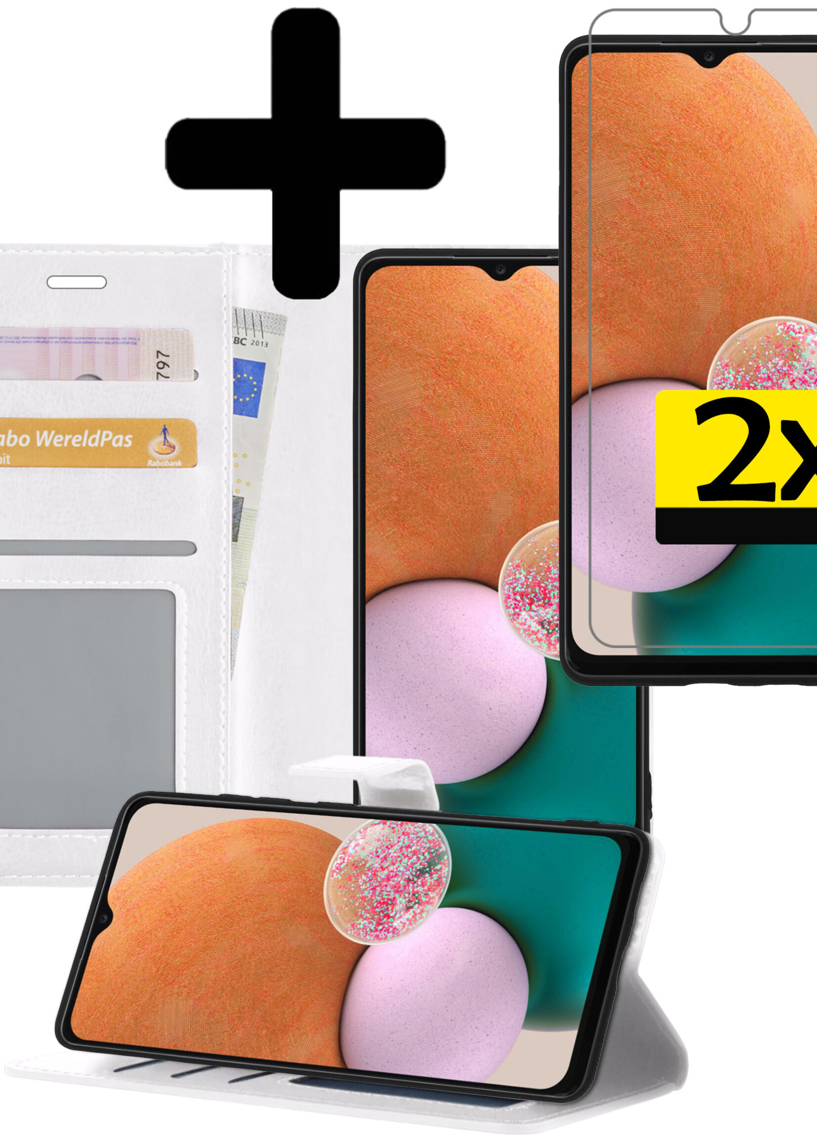 LUQ Hoesje Geschikt voor Samsung A13 5G Hoesje Book Case Hoes Wallet Cover Met 2x Screenprotector - Hoes Geschikt voor Samsung Galaxy A13 5G Hoesje Bookcase Hoes - Wit