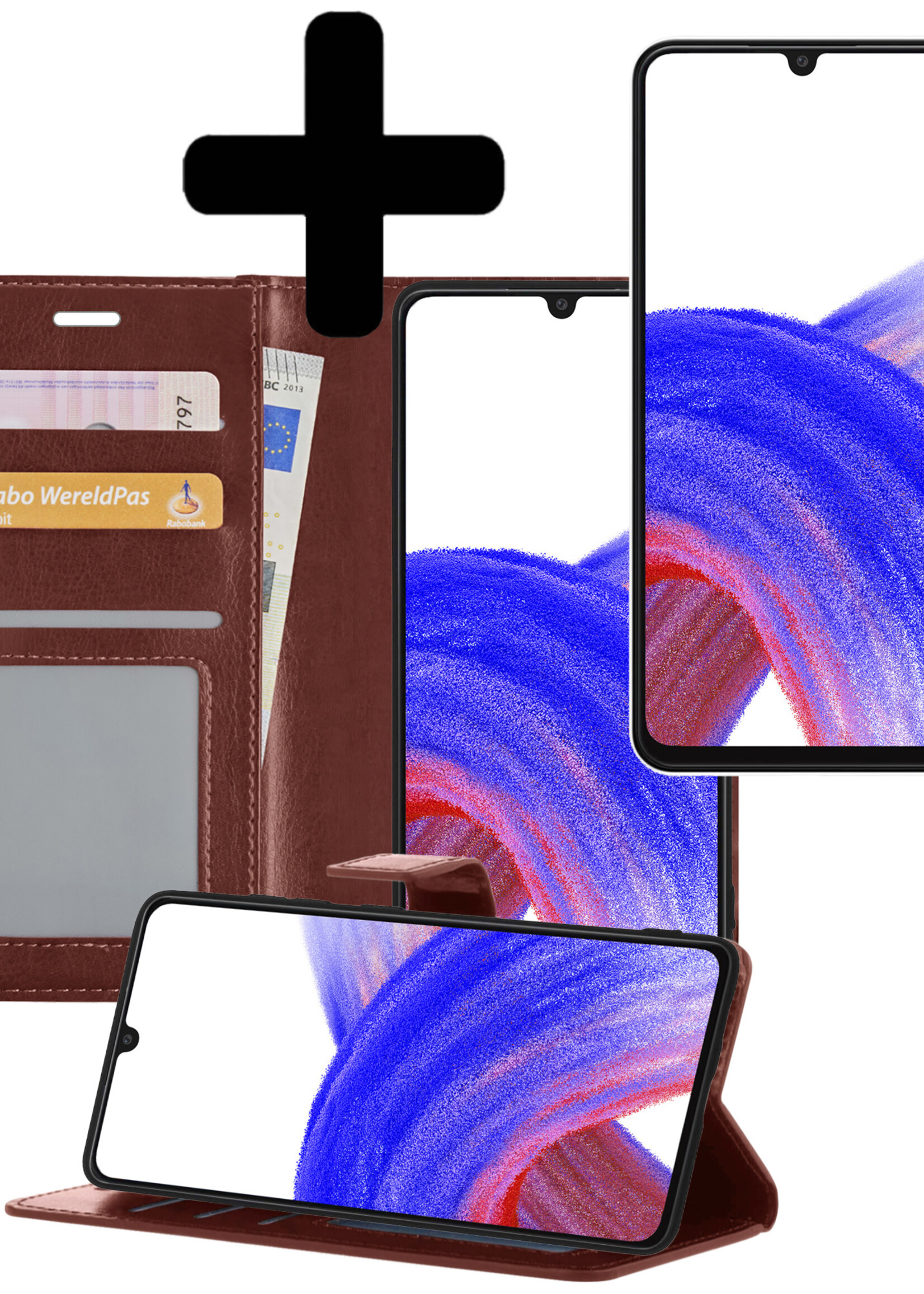 LUQ Hoesje Geschikt voor Samsung A33 Hoesje Book Case Hoes Wallet Cover Met Screenprotector - Hoes Geschikt voor Samsung Galaxy A33 Hoesje Bookcase Hoes - Bruin
