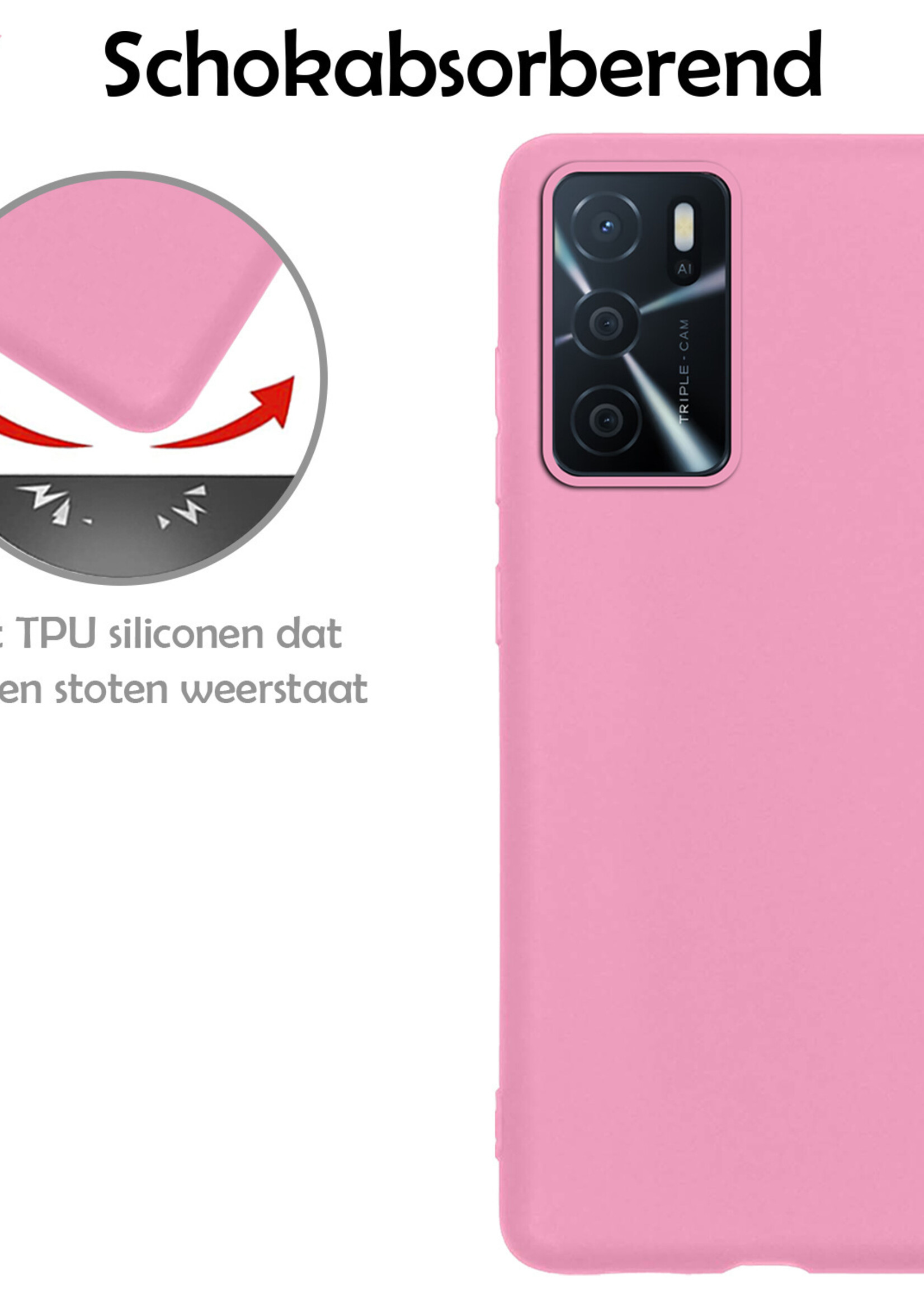 LUQ Hoesje Geschikt voor OPPO A16 Hoesje Siliconen Case Met Screenprotector - Hoes Geschikt voor OPPO A16 Hoes Siliconen - Lichtroze