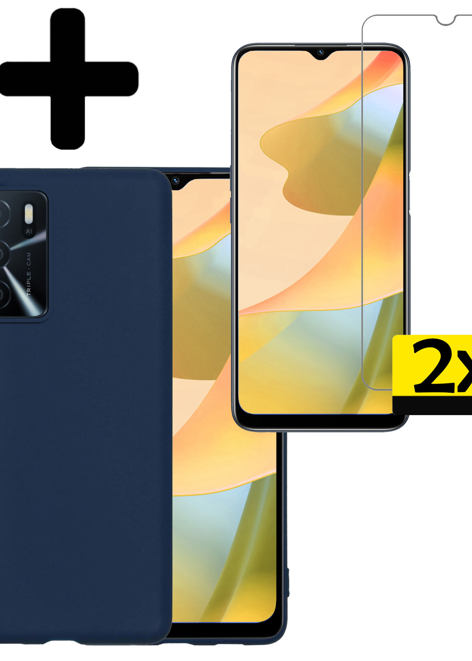 LUQ Hoesje Geschikt voor OPPO A16 Hoesje Siliconen Case Met 2x Screenprotector - Hoes Geschikt voor OPPO A16 Hoes Siliconen - Donkerblauw