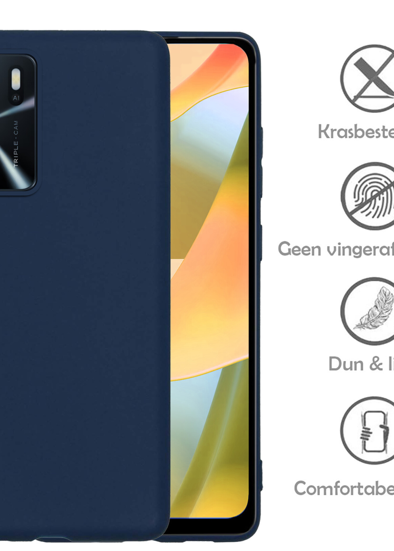 LUQ Hoesje Geschikt voor OPPO A16 Hoesje Siliconen Case Met 2x Screenprotector - Hoes Geschikt voor OPPO A16 Hoes Siliconen - Donkerblauw