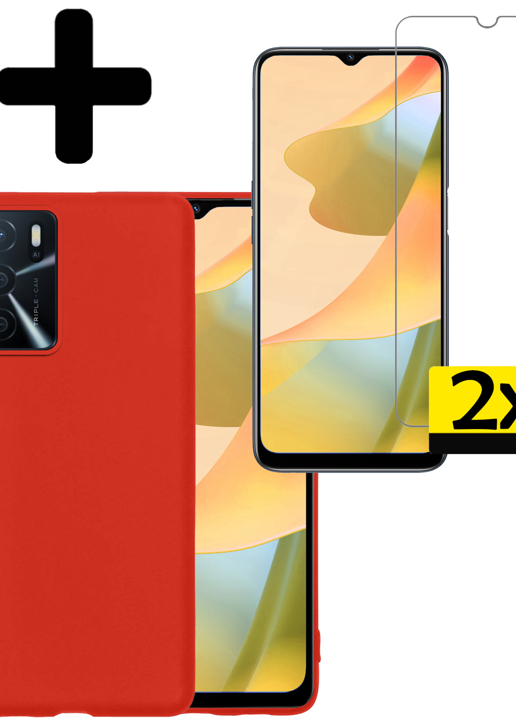 LUQ Hoesje Geschikt voor OPPO A16 Hoesje Siliconen Case Met 2x Screenprotector - Hoes Geschikt voor OPPO A16 Hoes Siliconen - Rood