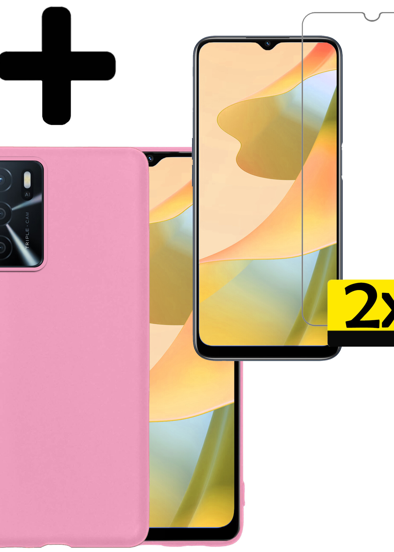 LUQ Hoesje Geschikt voor OPPO A16 Hoesje Siliconen Case Met 2x Screenprotector - Hoes Geschikt voor OPPO A16 Hoes Siliconen - Lichtroze
