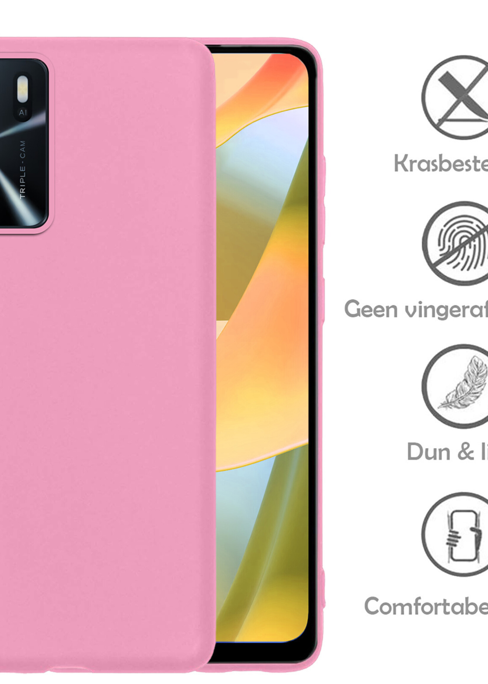 LUQ Hoesje Geschikt voor OPPO A16 Hoesje Siliconen Case Met 2x Screenprotector - Hoes Geschikt voor OPPO A16 Hoes Siliconen - Lichtroze