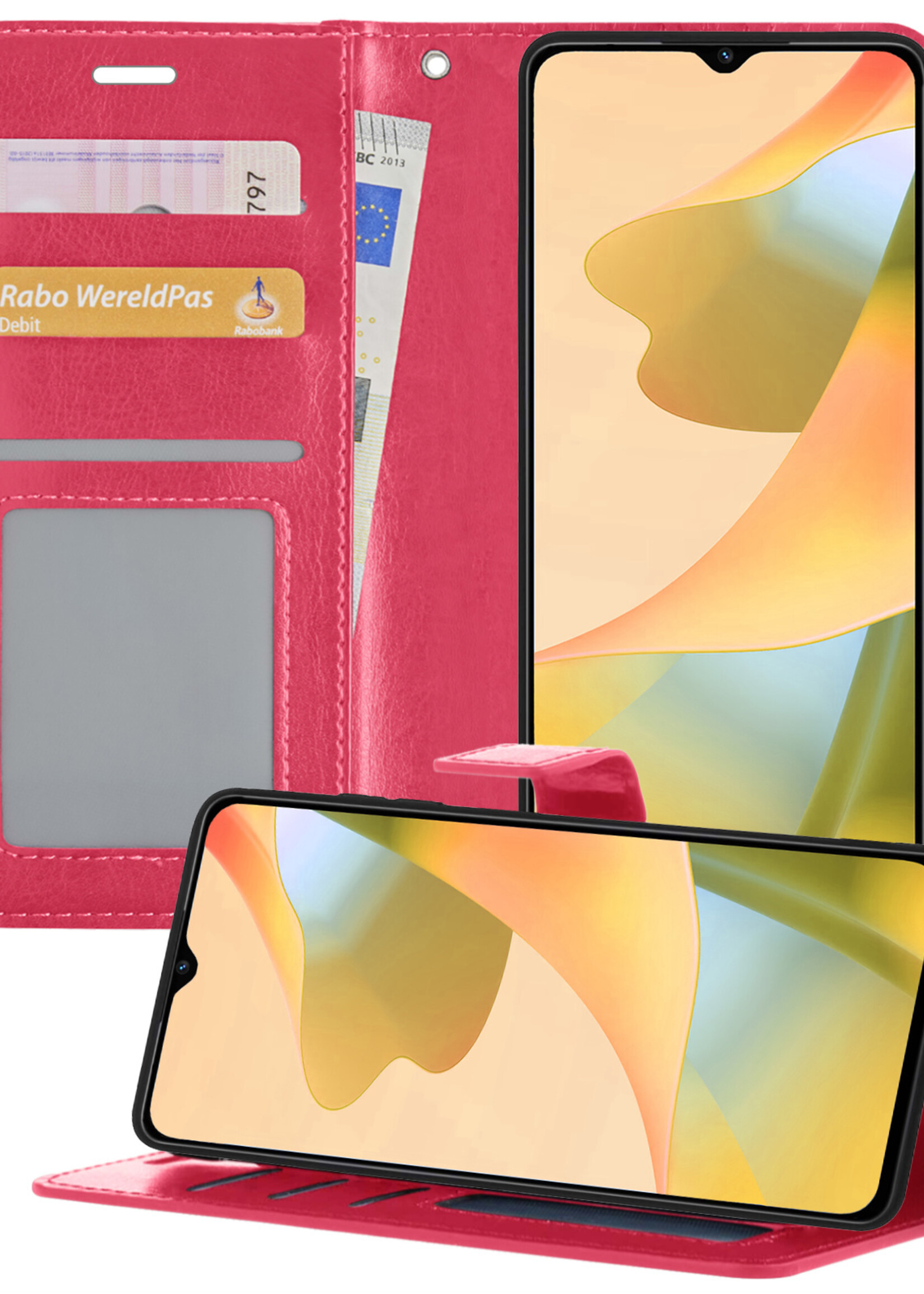 LUQ Hoesje Geschikt voor OPPO A16 Hoesje Book Case Hoes Wallet Cover - Hoes Geschikt voor OPPO A16 Hoesje Bookcase Hoes - Donkerroze