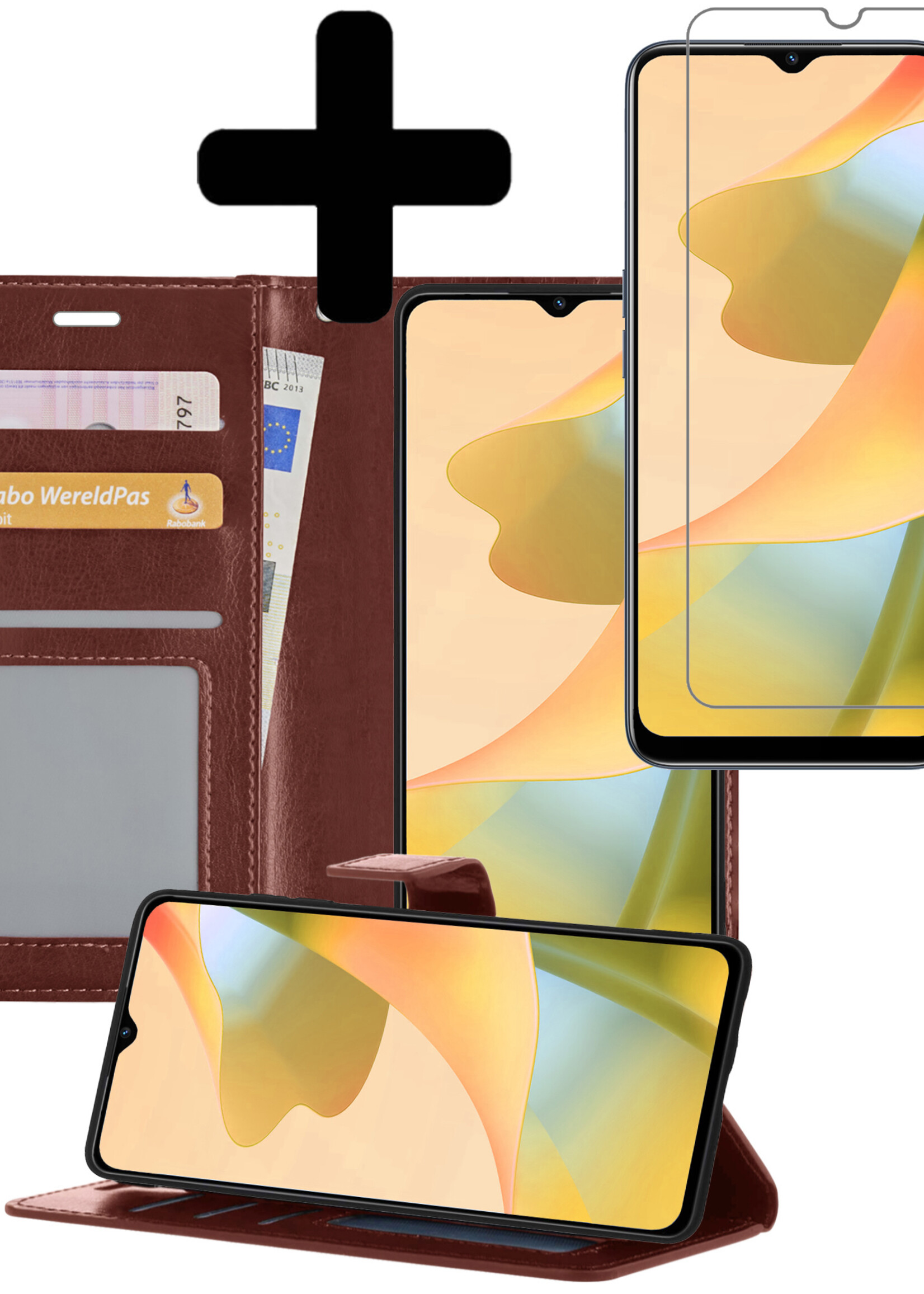 LUQ Hoesje Geschikt voor OPPO A16 Hoesje Book Case Hoes Wallet Cover Met Screenprotector - Hoes Geschikt voor OPPO A16 Hoesje Bookcase Hoes - Bruin