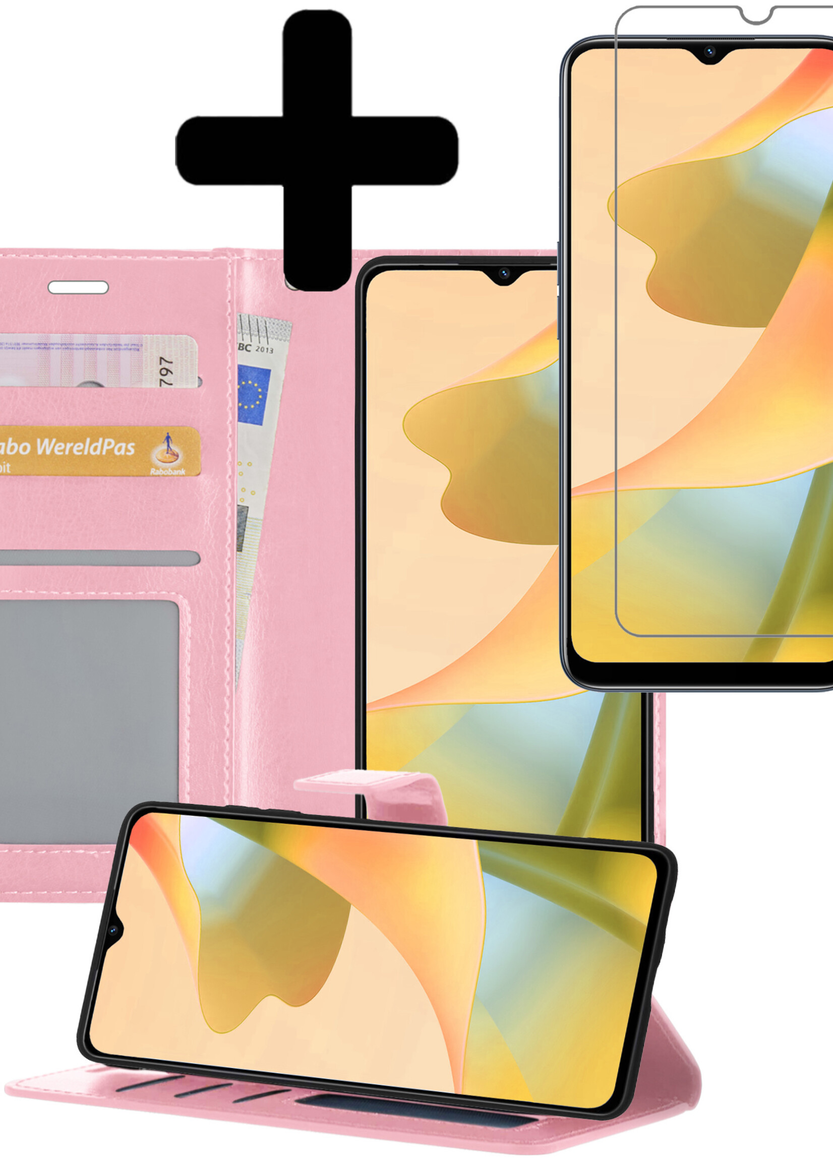 LUQ Hoesje Geschikt voor OPPO A16 Hoesje Book Case Hoes Wallet Cover Met Screenprotector - Hoes Geschikt voor OPPO A16 Hoesje Bookcase Hoes - Lichtroze