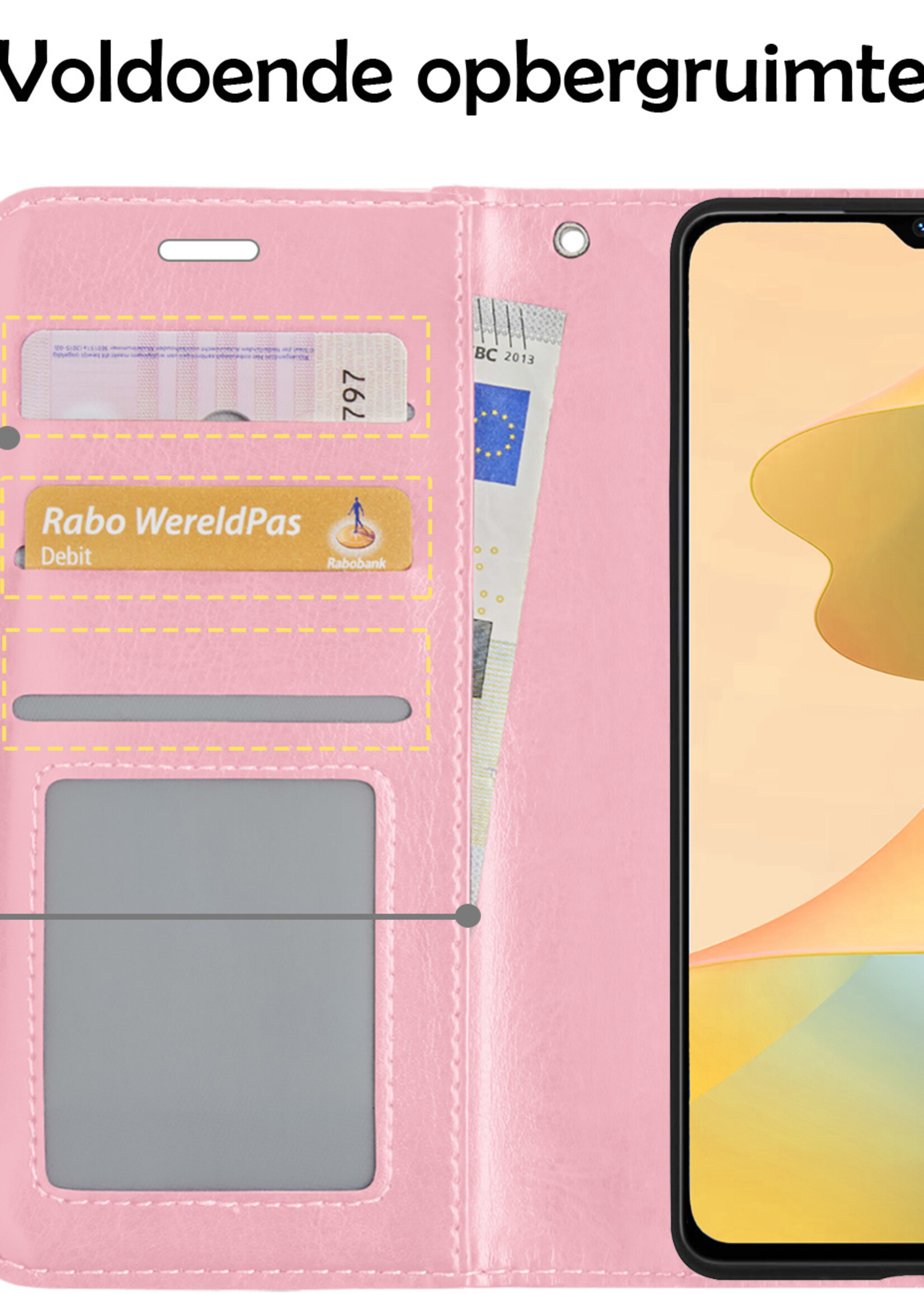 LUQ Hoesje Geschikt voor OPPO A16 Hoesje Book Case Hoes Wallet Cover Met Screenprotector - Hoes Geschikt voor OPPO A16 Hoesje Bookcase Hoes - Lichtroze