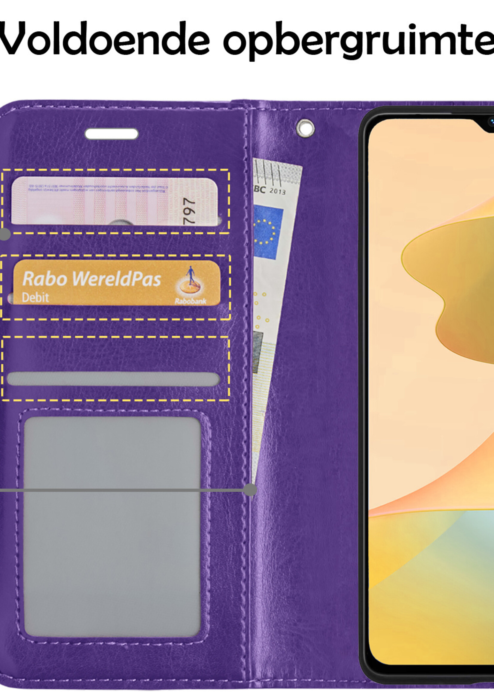 LUQ Hoesje Geschikt voor OPPO A16 Hoesje Book Case Hoes Wallet Cover Met Screenprotector - Hoes Geschikt voor OPPO A16 Hoesje Bookcase Hoes - Paars