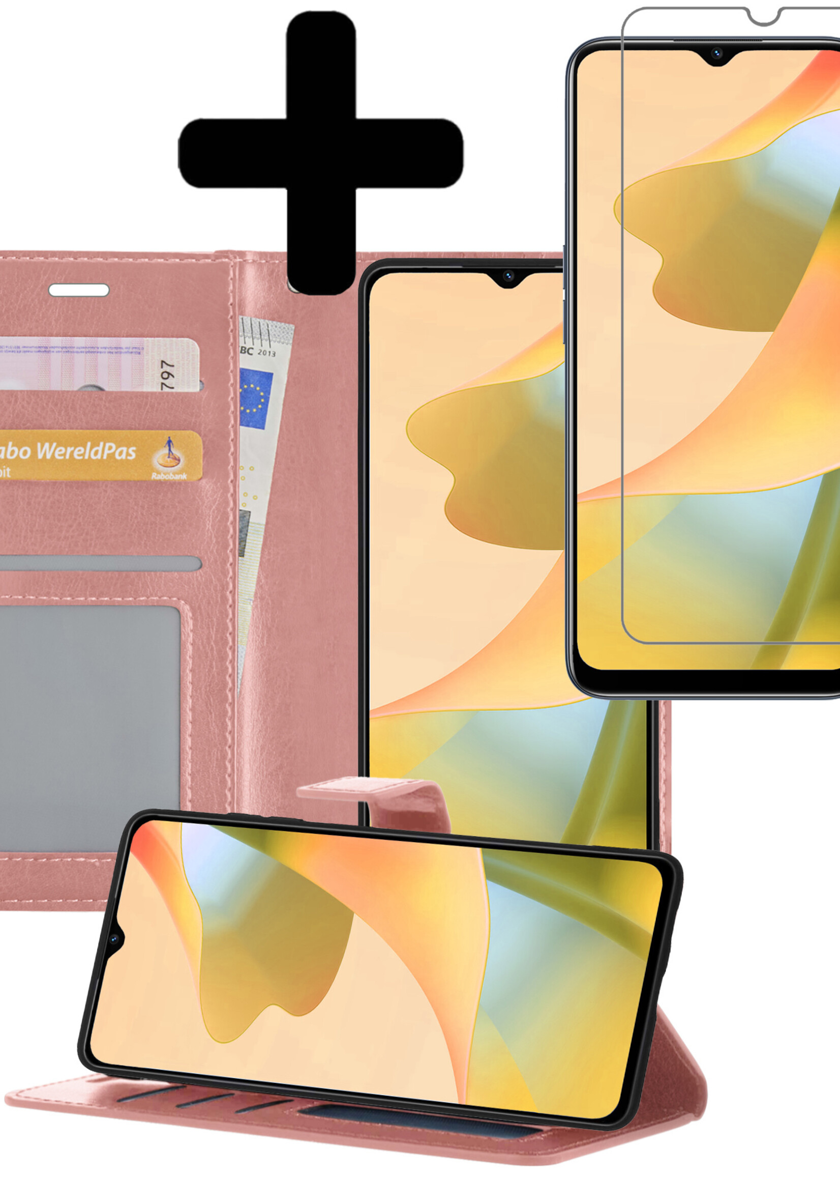 LUQ Hoesje Geschikt voor OPPO A16 Hoesje Book Case Hoes Wallet Cover Met Screenprotector - Hoes Geschikt voor OPPO A16 Hoesje Bookcase Hoes - Rosé goud