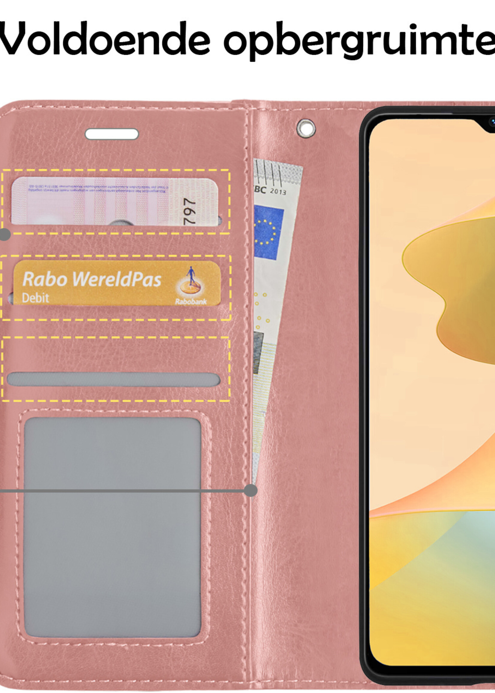 LUQ Hoesje Geschikt voor OPPO A16 Hoesje Book Case Hoes Wallet Cover Met Screenprotector - Hoes Geschikt voor OPPO A16 Hoesje Bookcase Hoes - Rosé goud