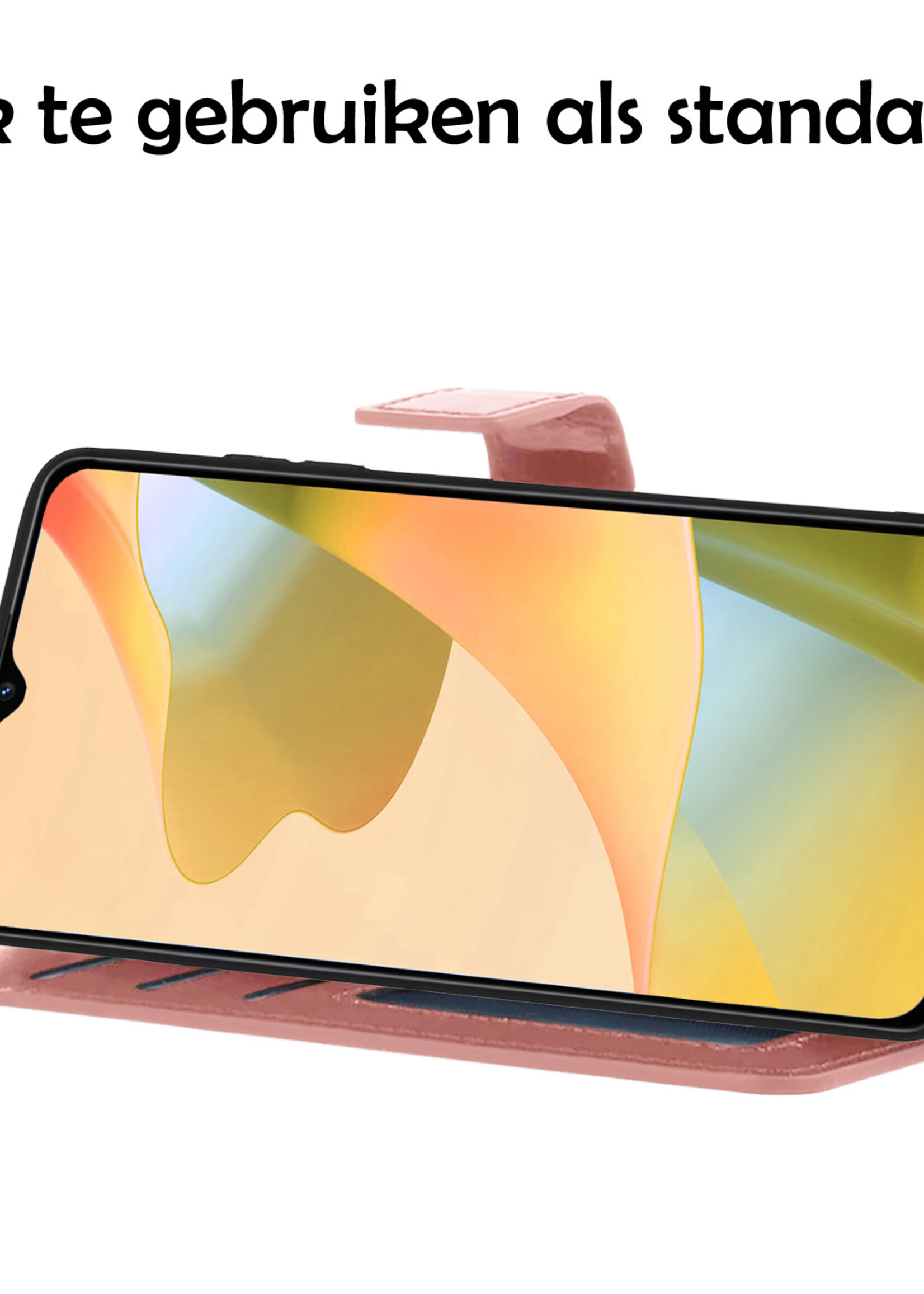 LUQ Hoesje Geschikt voor OPPO A16 Hoesje Book Case Hoes Wallet Cover Met Screenprotector - Hoes Geschikt voor OPPO A16 Hoesje Bookcase Hoes - Rosé goud