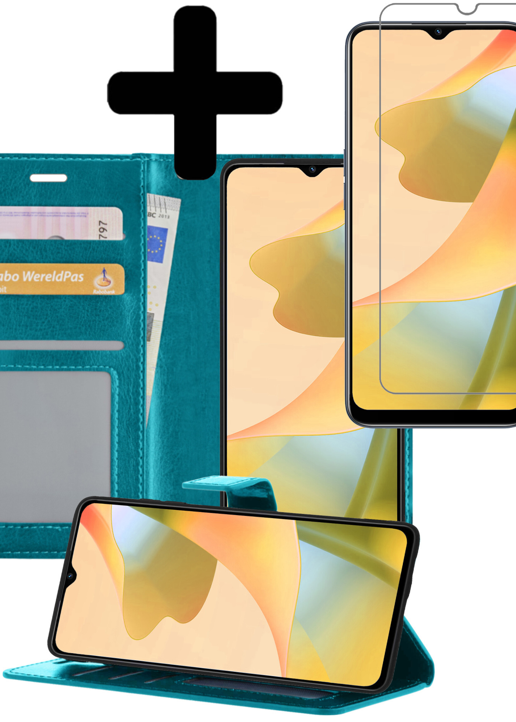 LUQ Hoesje Geschikt voor OPPO A16 Hoesje Book Case Hoes Wallet Cover Met Screenprotector - Hoes Geschikt voor OPPO A16 Hoesje Bookcase Hoes - Turquoise