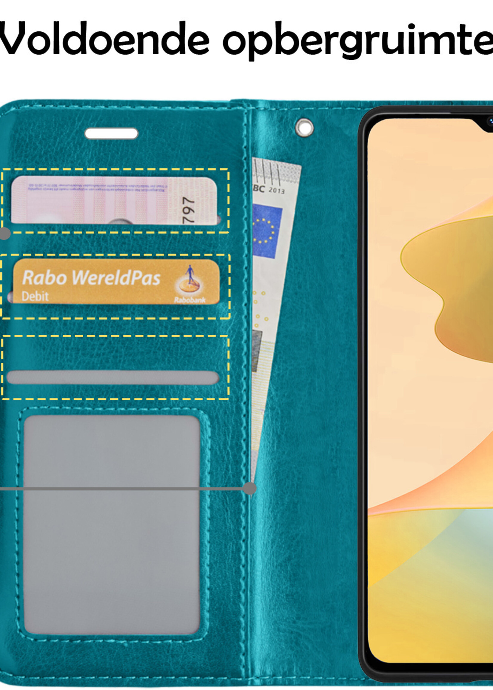 LUQ Hoesje Geschikt voor OPPO A16 Hoesje Book Case Hoes Wallet Cover Met Screenprotector - Hoes Geschikt voor OPPO A16 Hoesje Bookcase Hoes - Turquoise