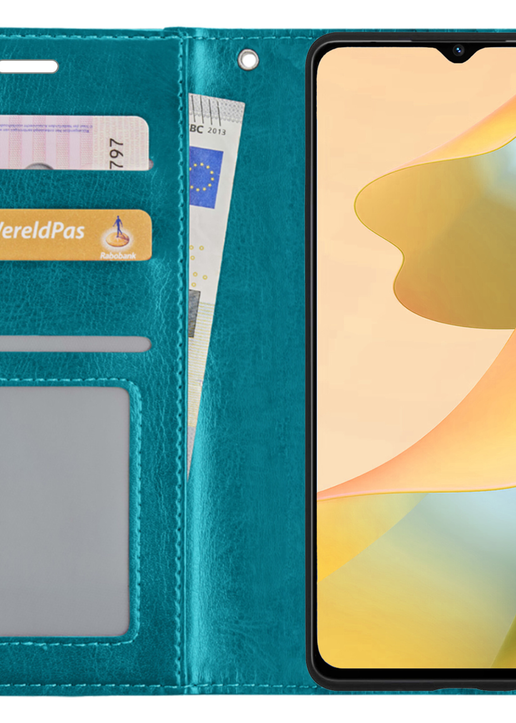 LUQ Hoesje Geschikt voor OPPO A16 Hoesje Book Case Hoes Wallet Cover Met Screenprotector - Hoes Geschikt voor OPPO A16 Hoesje Bookcase Hoes - Turquoise