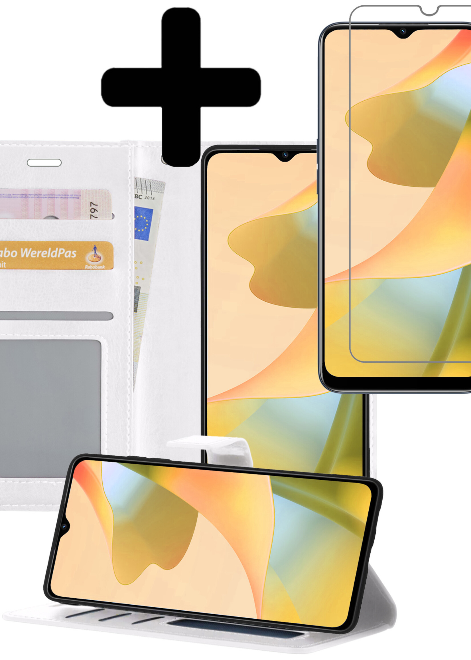 LUQ Hoesje Geschikt voor OPPO A16 Hoesje Book Case Hoes Wallet Cover Met Screenprotector - Hoes Geschikt voor OPPO A16 Hoesje Bookcase Hoes - Wit