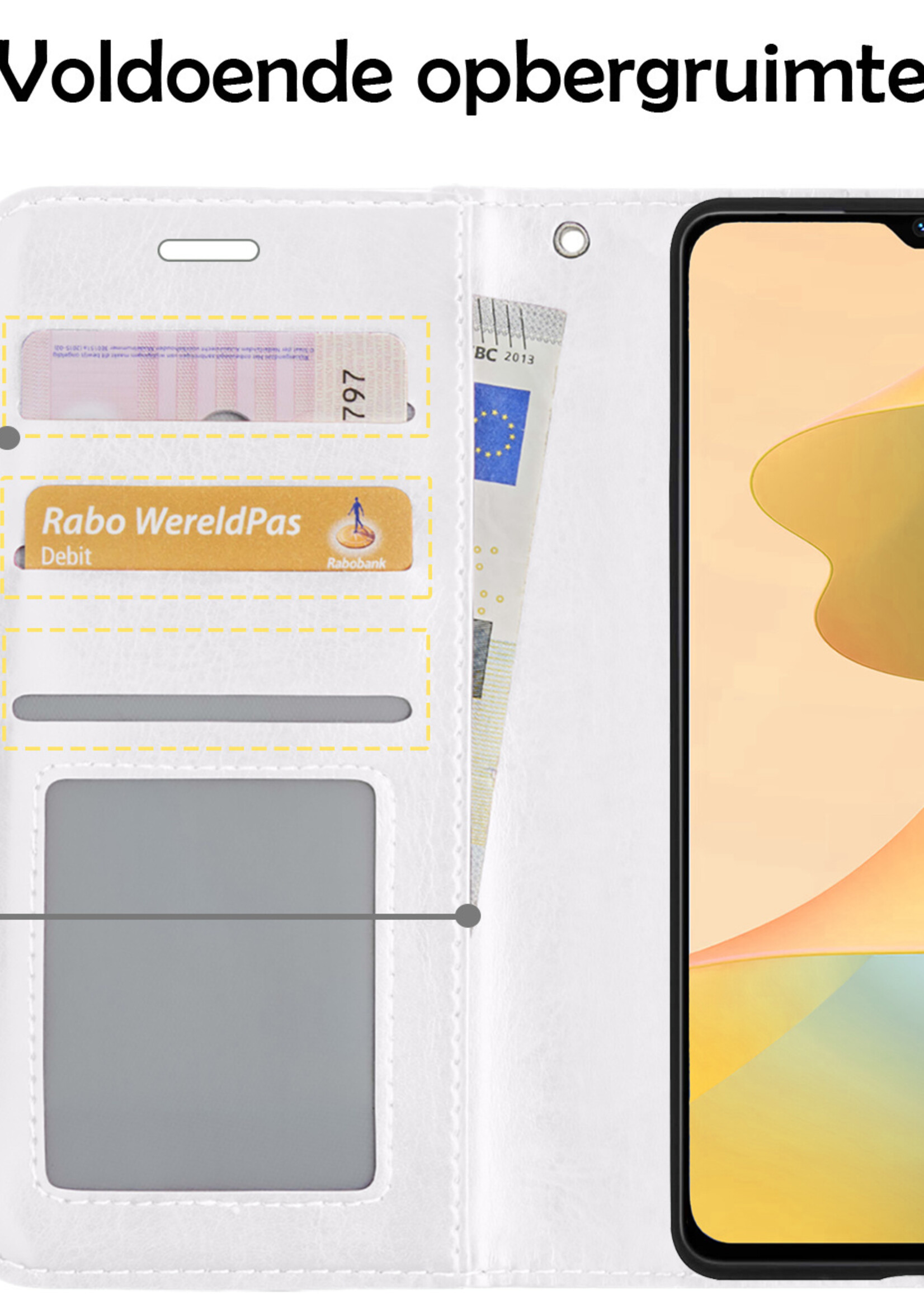 LUQ Hoesje Geschikt voor OPPO A16 Hoesje Book Case Hoes Wallet Cover Met Screenprotector - Hoes Geschikt voor OPPO A16 Hoesje Bookcase Hoes - Wit