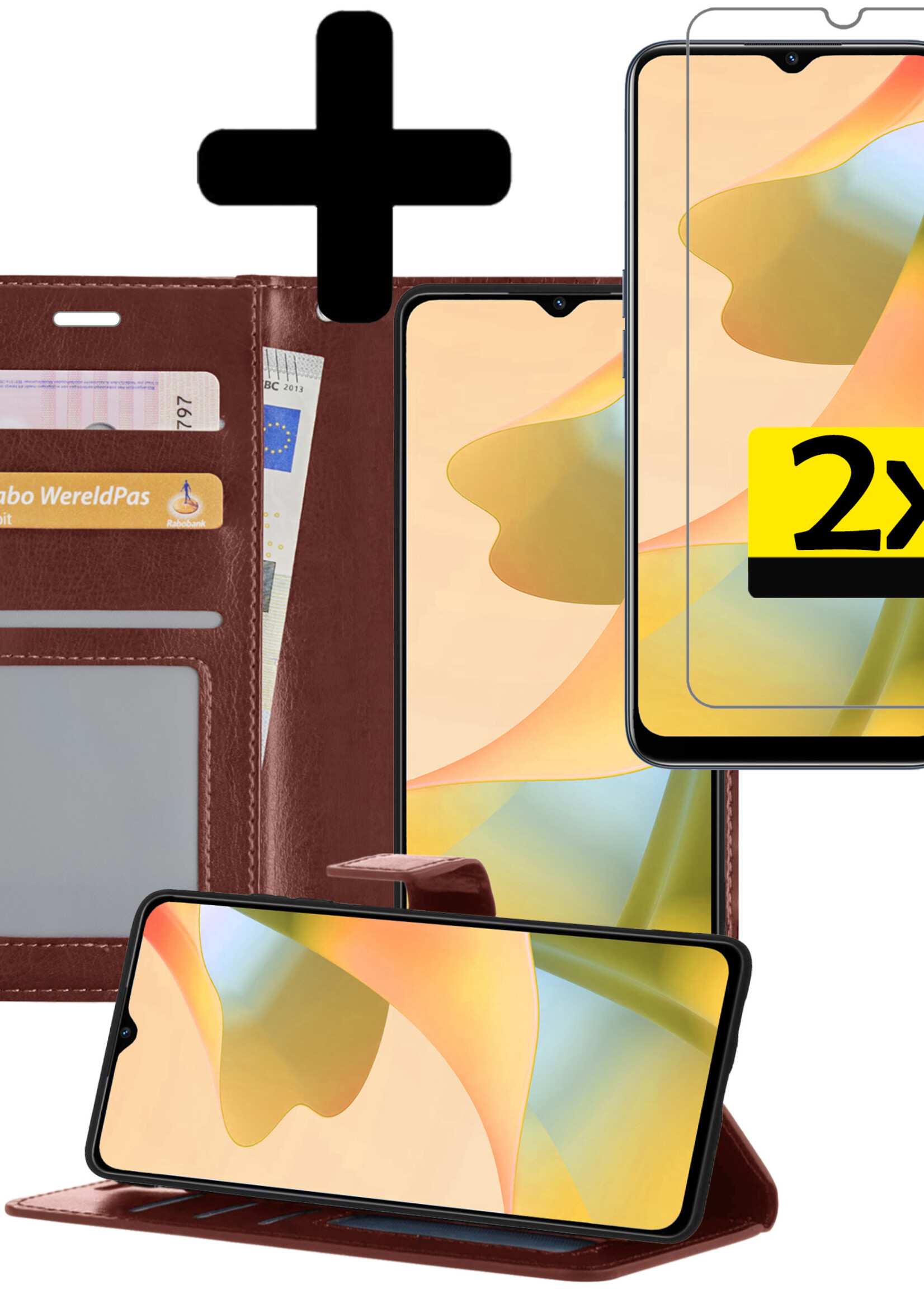 LUQ Hoesje Geschikt voor OPPO A16 Hoesje Book Case Hoes Wallet Cover Met 2x Screenprotector - Hoes Geschikt voor OPPO A16 Hoesje Bookcase Hoes - Bruin