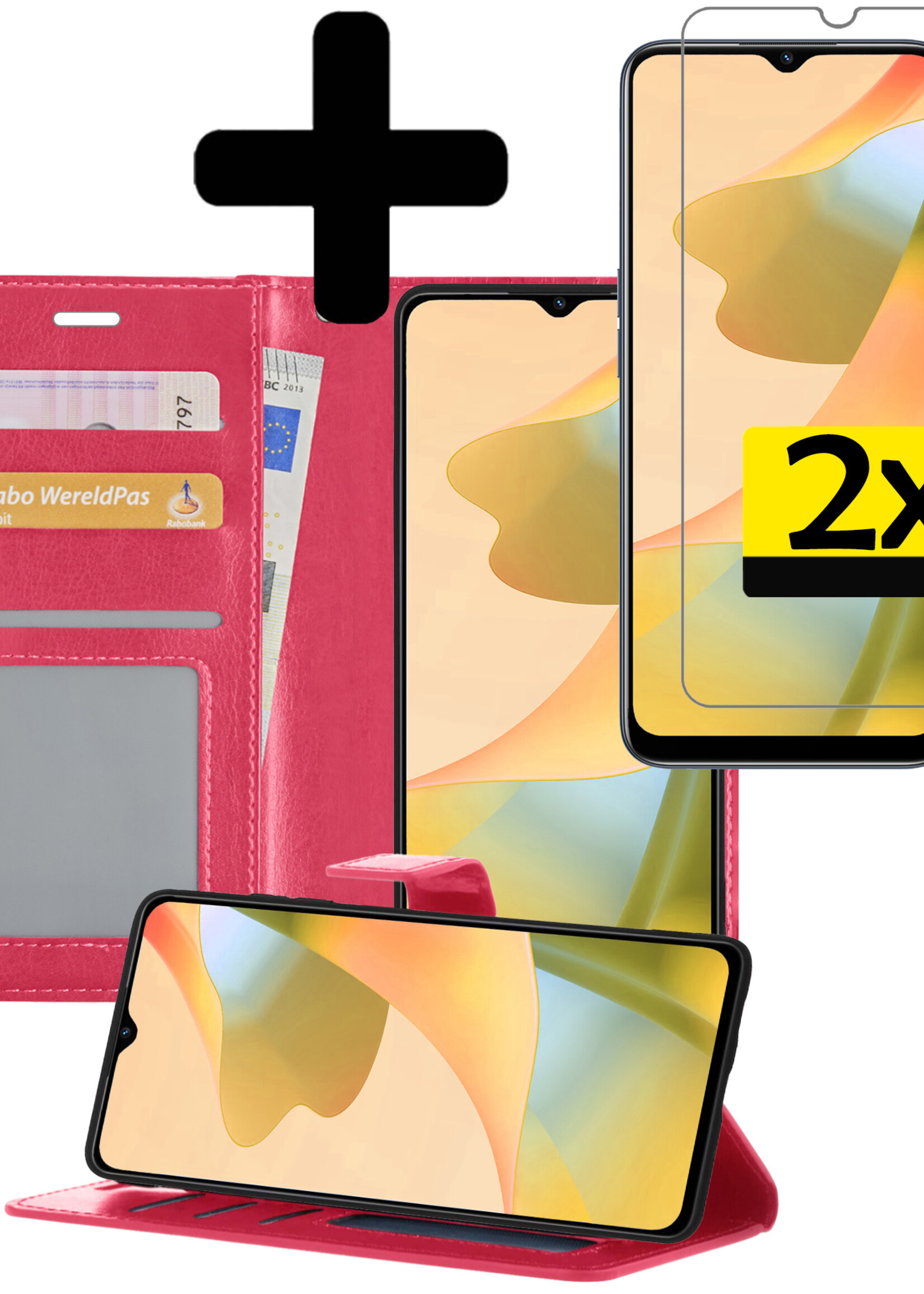 Hoesje Geschikt voor OPPO A16 Hoesje Book Case Hoes Wallet Cover Met 2x Screenprotector - Hoes Geschikt voor OPPO A16 Hoesje Bookcase Hoes - Donkerroze