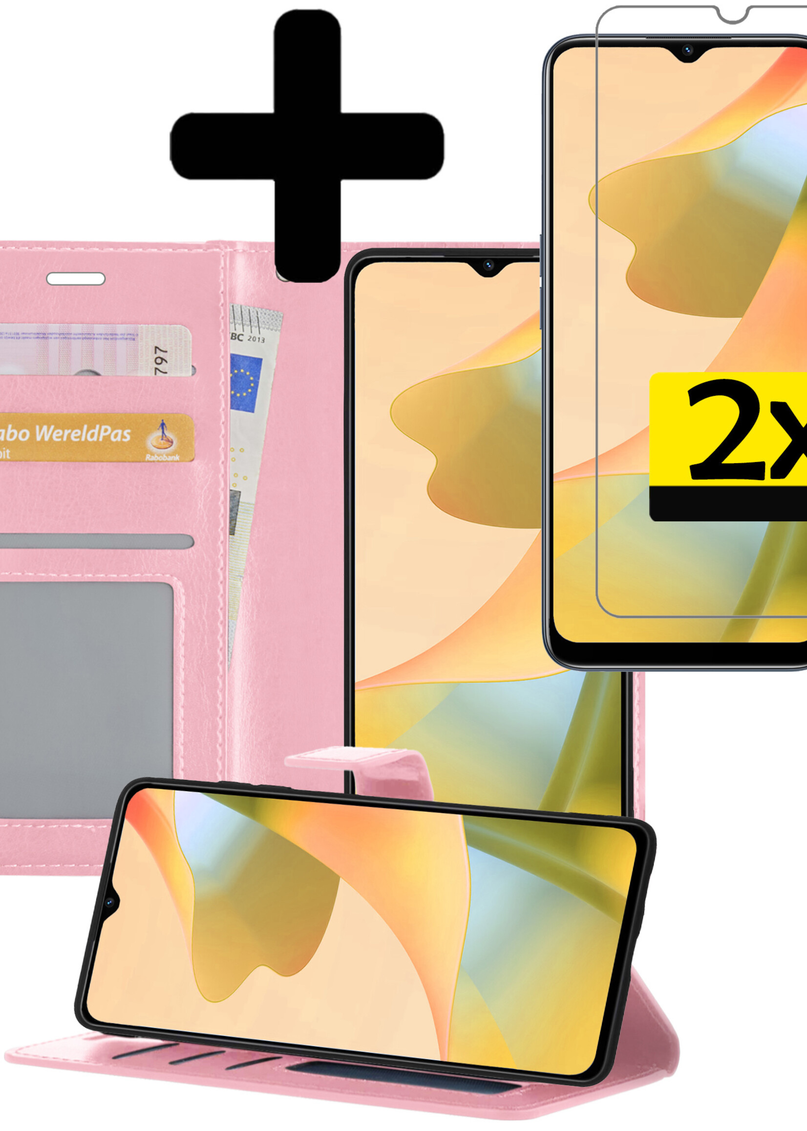 LUQ Hoesje Geschikt voor OPPO A16 Hoesje Book Case Hoes Wallet Cover Met 2x Screenprotector - Hoes Geschikt voor OPPO A16 Hoesje Bookcase Hoes - Lichtroze